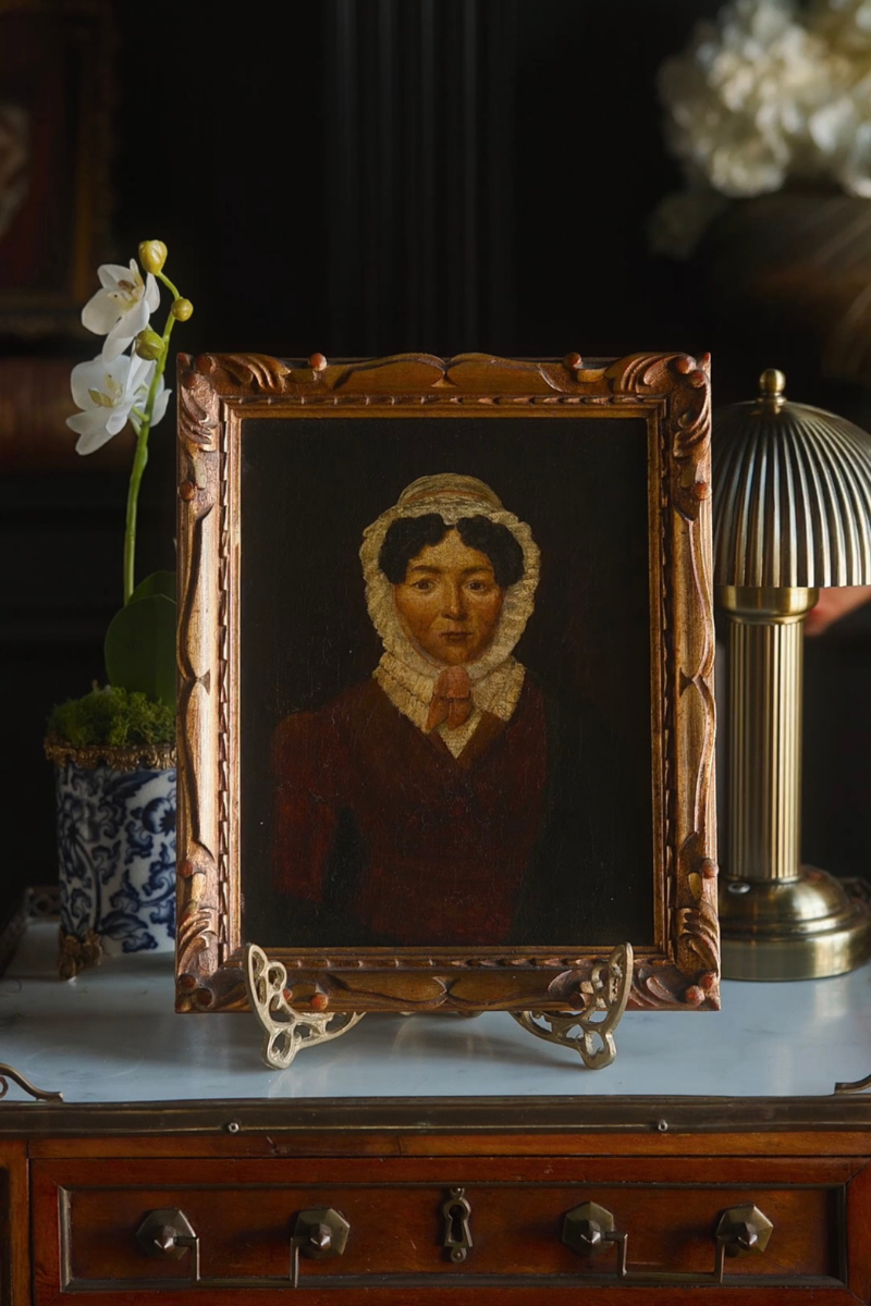 Portrait of a Woman in a Lace Bonnet | Antique Framed Oil on Canvas