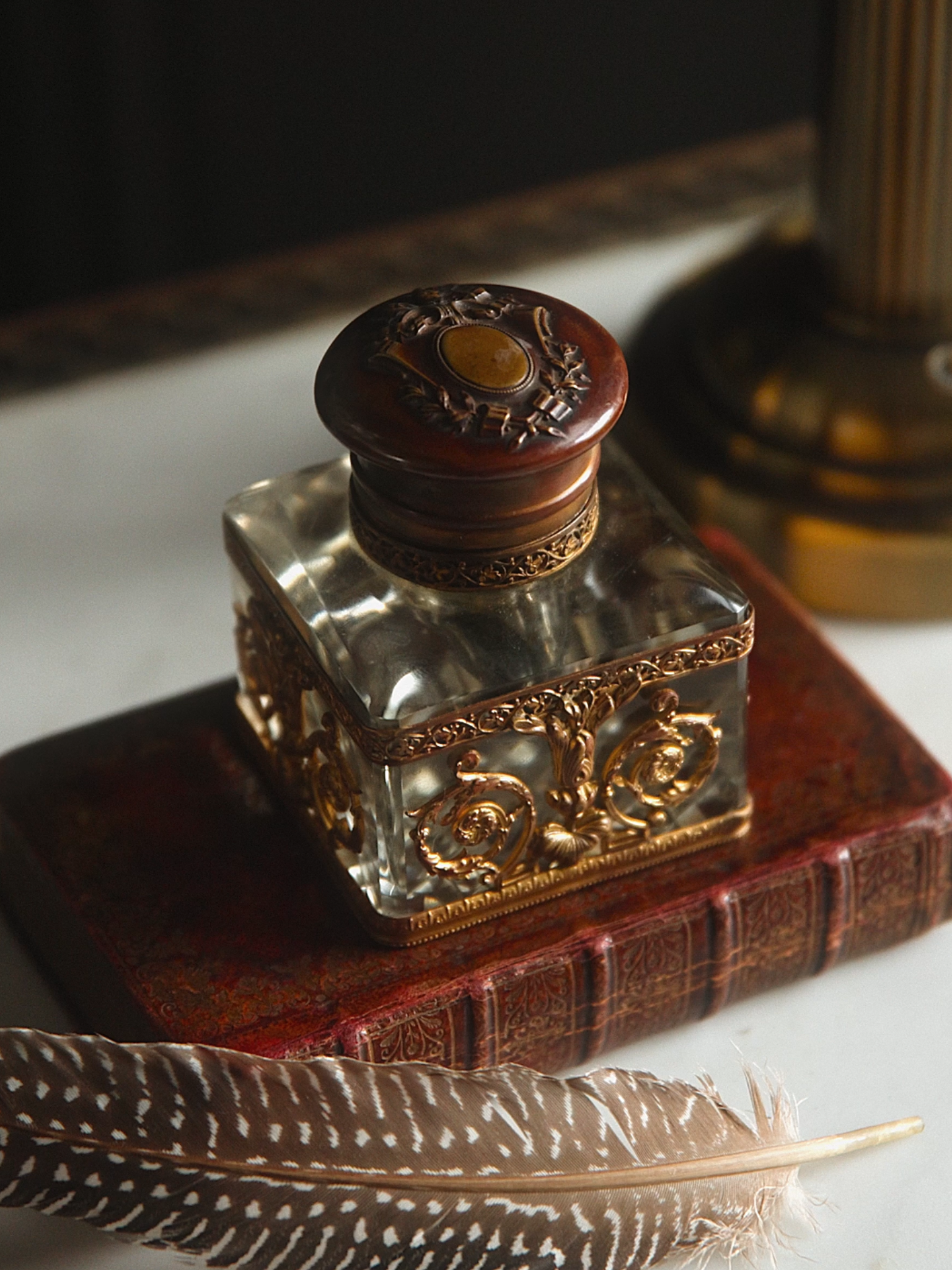 Antique 19th Century Cut Glass and Gilded Bronze Inkwell