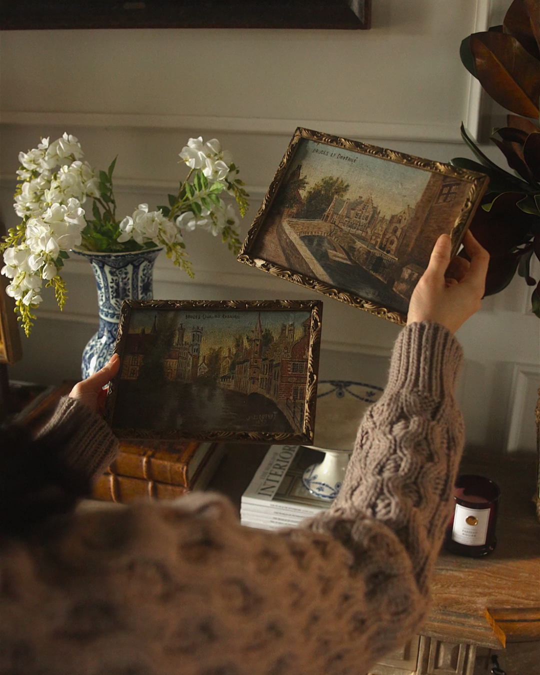 Early 20th Century Belgian Bruges Canal Scene Oil Painting Pair in Gilt Frames