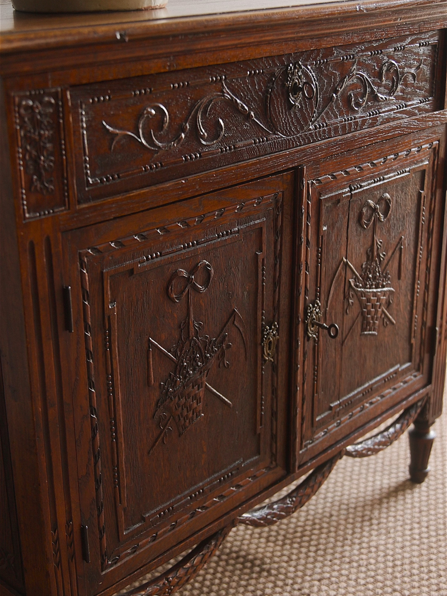 French Provincial Carved Swag Oak Sideboard