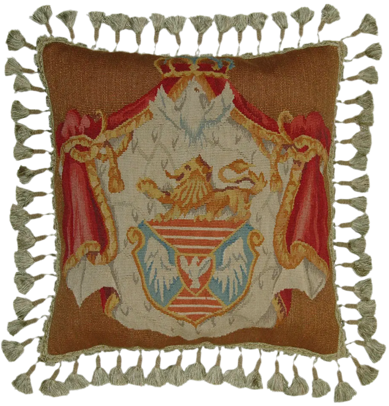 Heraldic Elegance: Aubusson Crest Pillow with Tassels