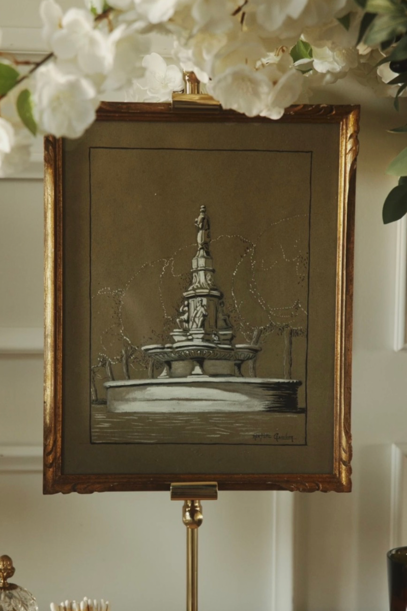 Signed Architectural Fountain Study on Toned Paper
