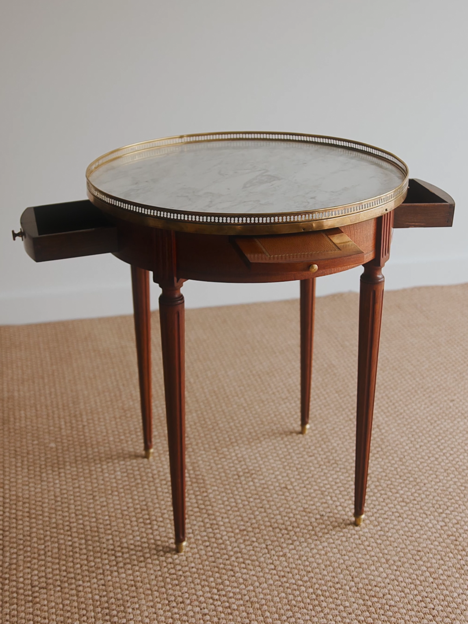 French Louis XVI–Style Bouillotte Table With Marble Top, Brass Gallery & Leather Slide-Outs
