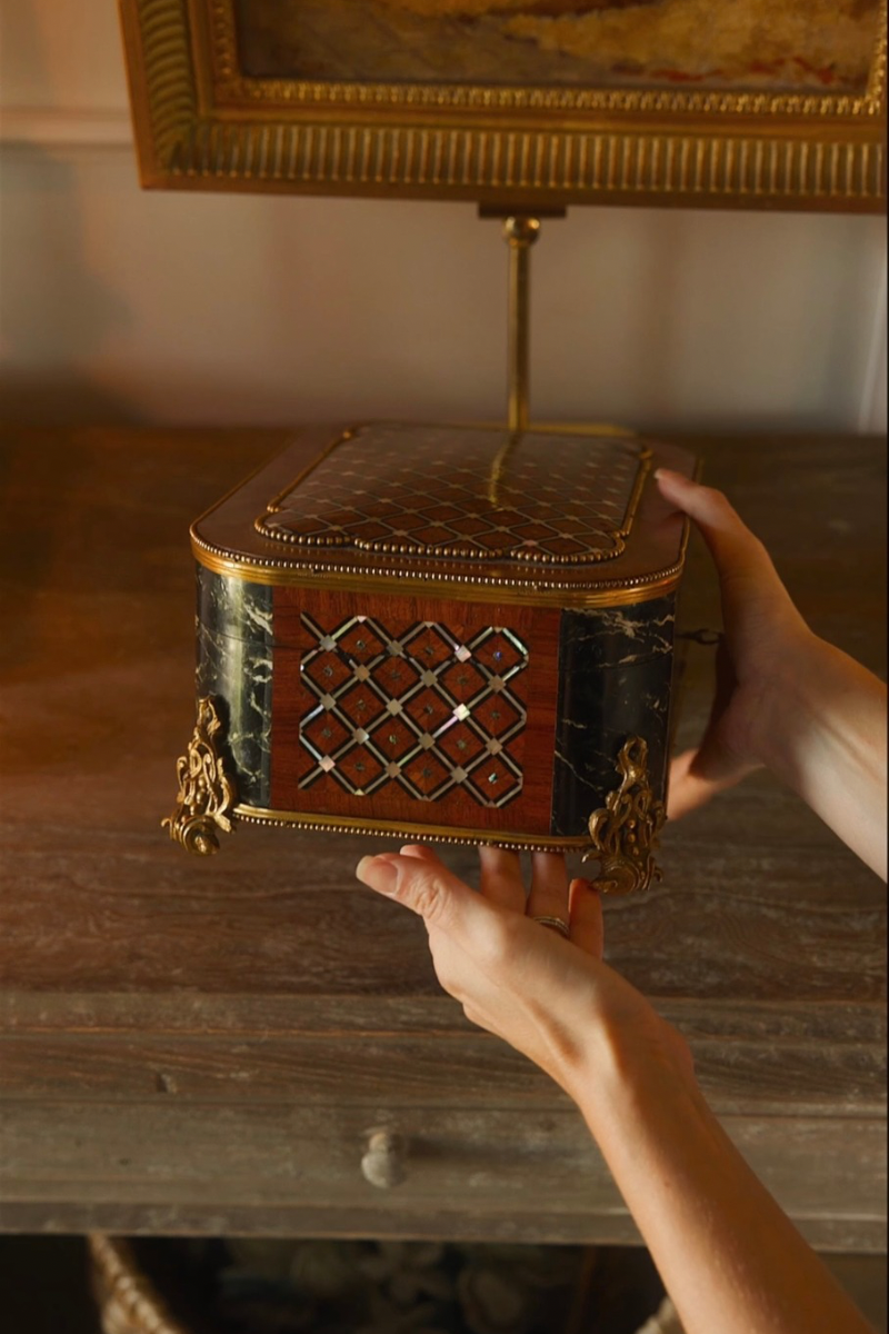 19th C. French Napoleon III Marquetry & Ebonized Jewelry Casket With Tufted Blue Silk Interior- 1870