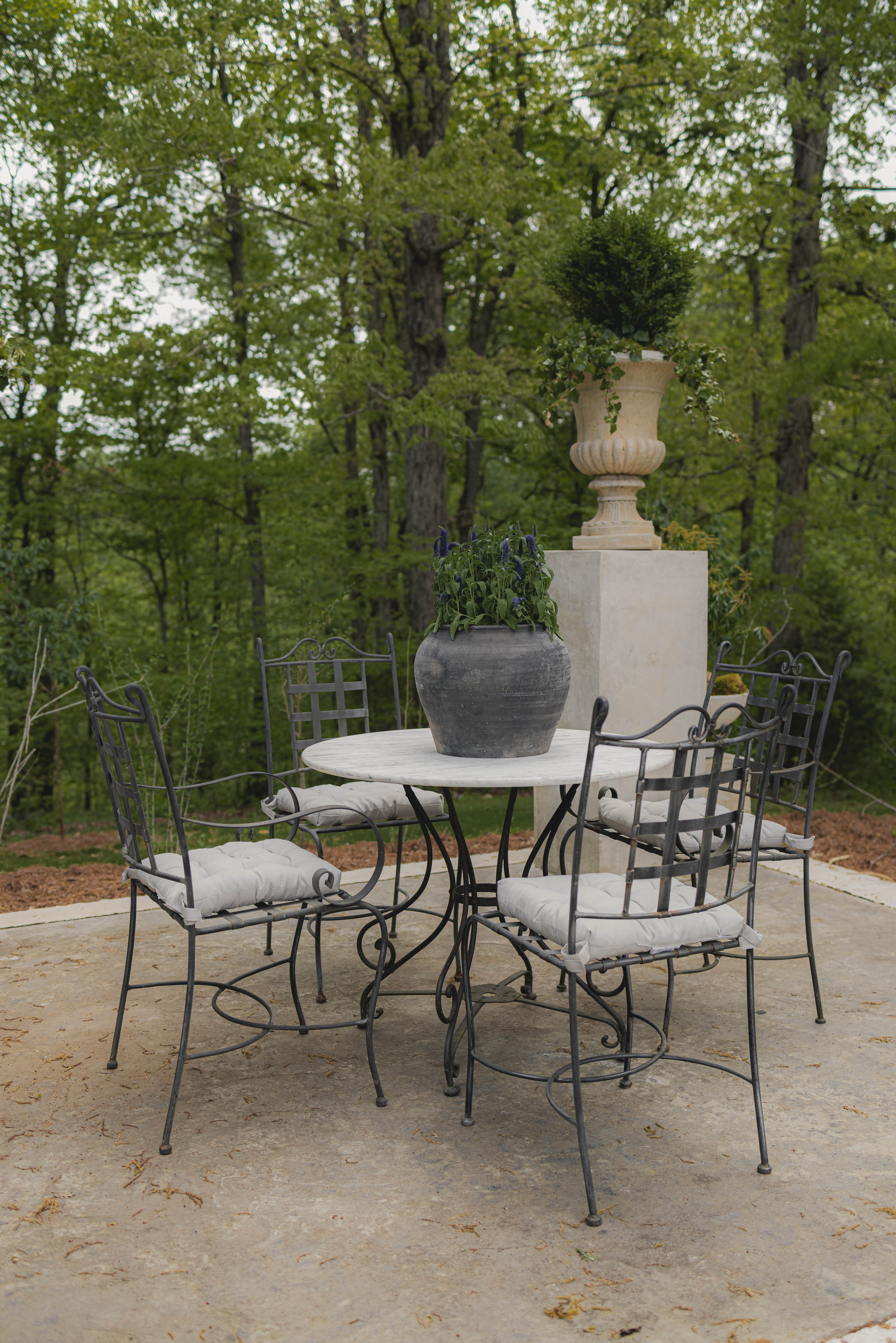French Marble Top Garden Table with Scroll Iron Base