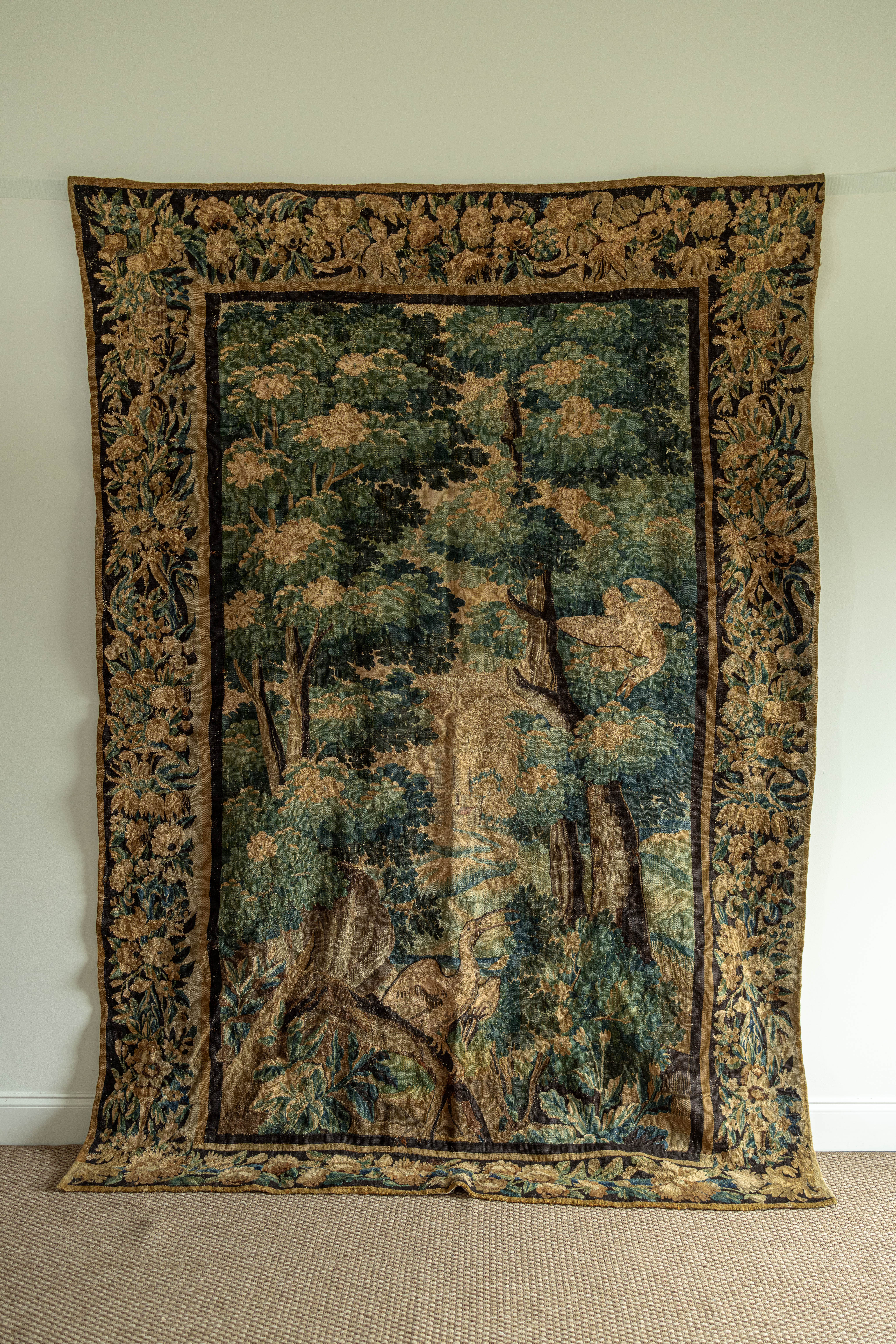 18th-Century French Verdure Tapestry Featuring Herons & Château Vista | Aubusson