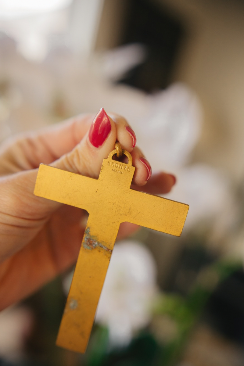 Antique French Bronze INRI Crucifix Missal Bookmark with Silk Passementerie Tassel, Circa 1900