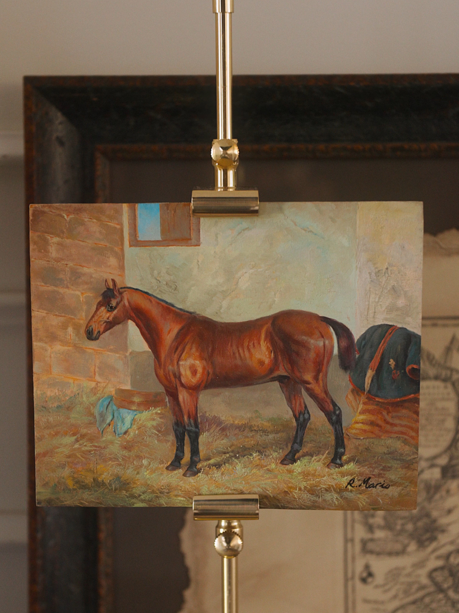 Equestrian Oil Painting - Chestnut Horse in Stable - Signed R. Marie