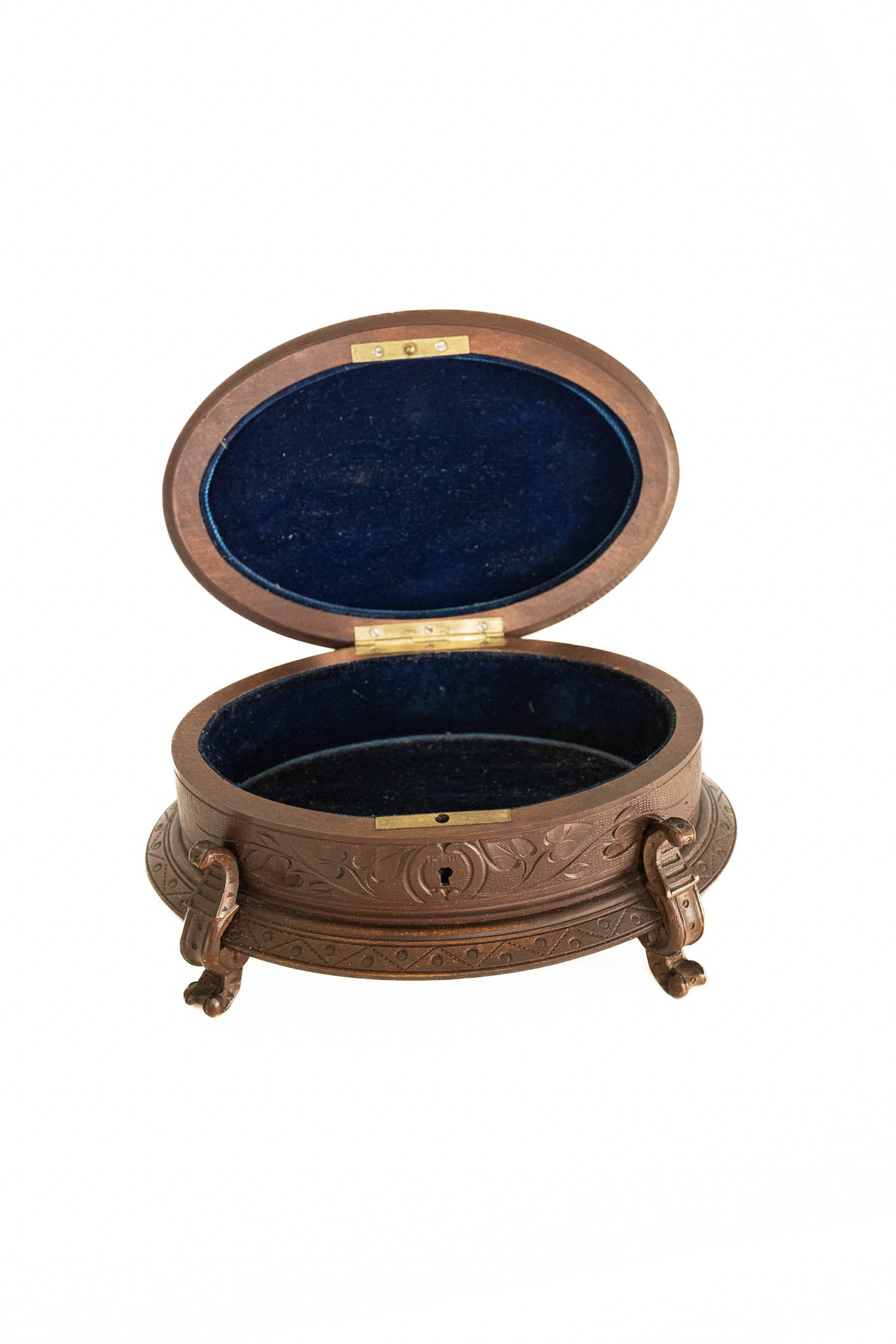 19th Century Black Forrest Box With Striking Blue Velvet Interior & Bird Motif