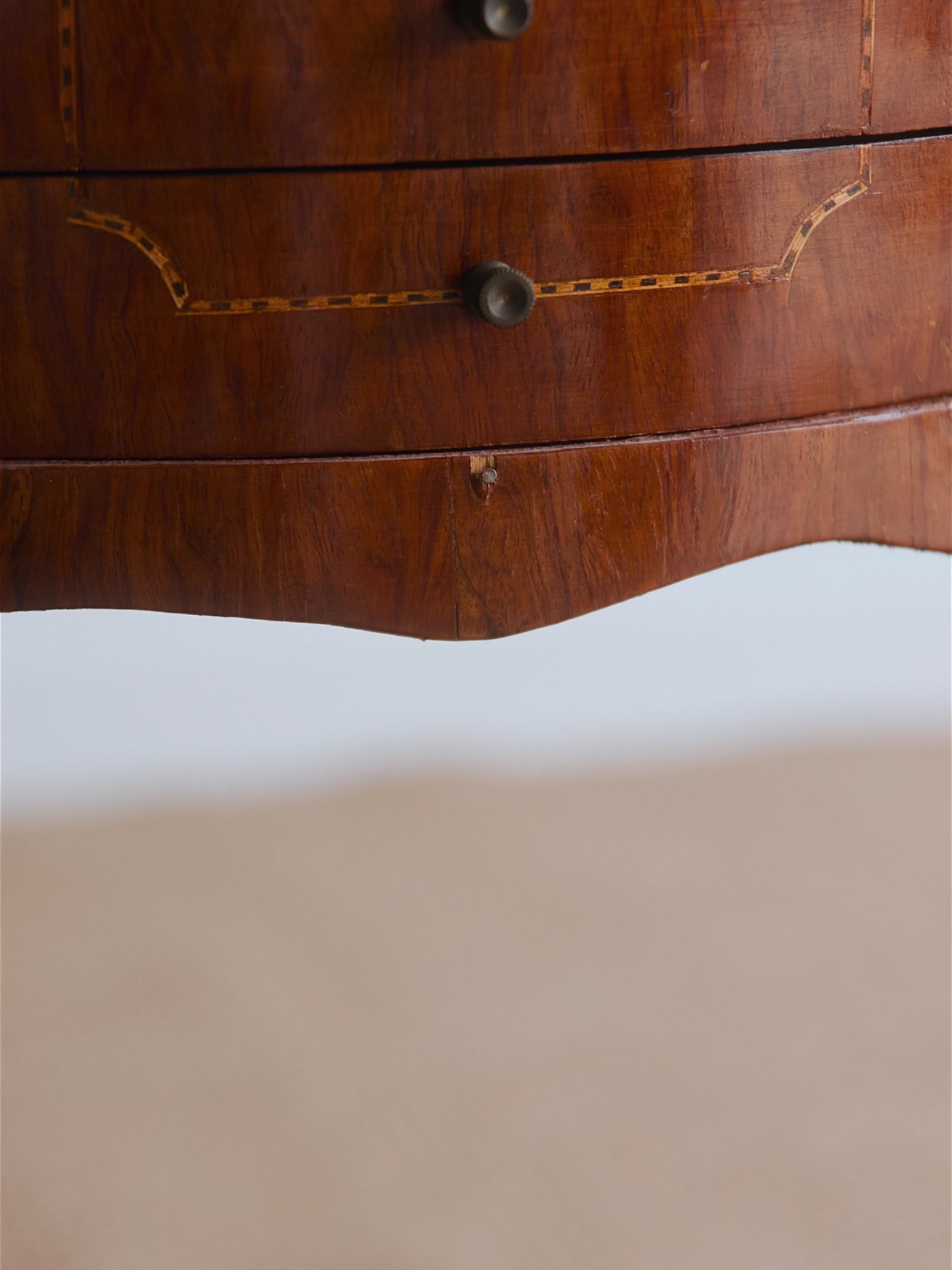 French Louis XV–Style Marquetry Demilune Side Table With Bronze Ormolu & Heart-Pierced Gallery