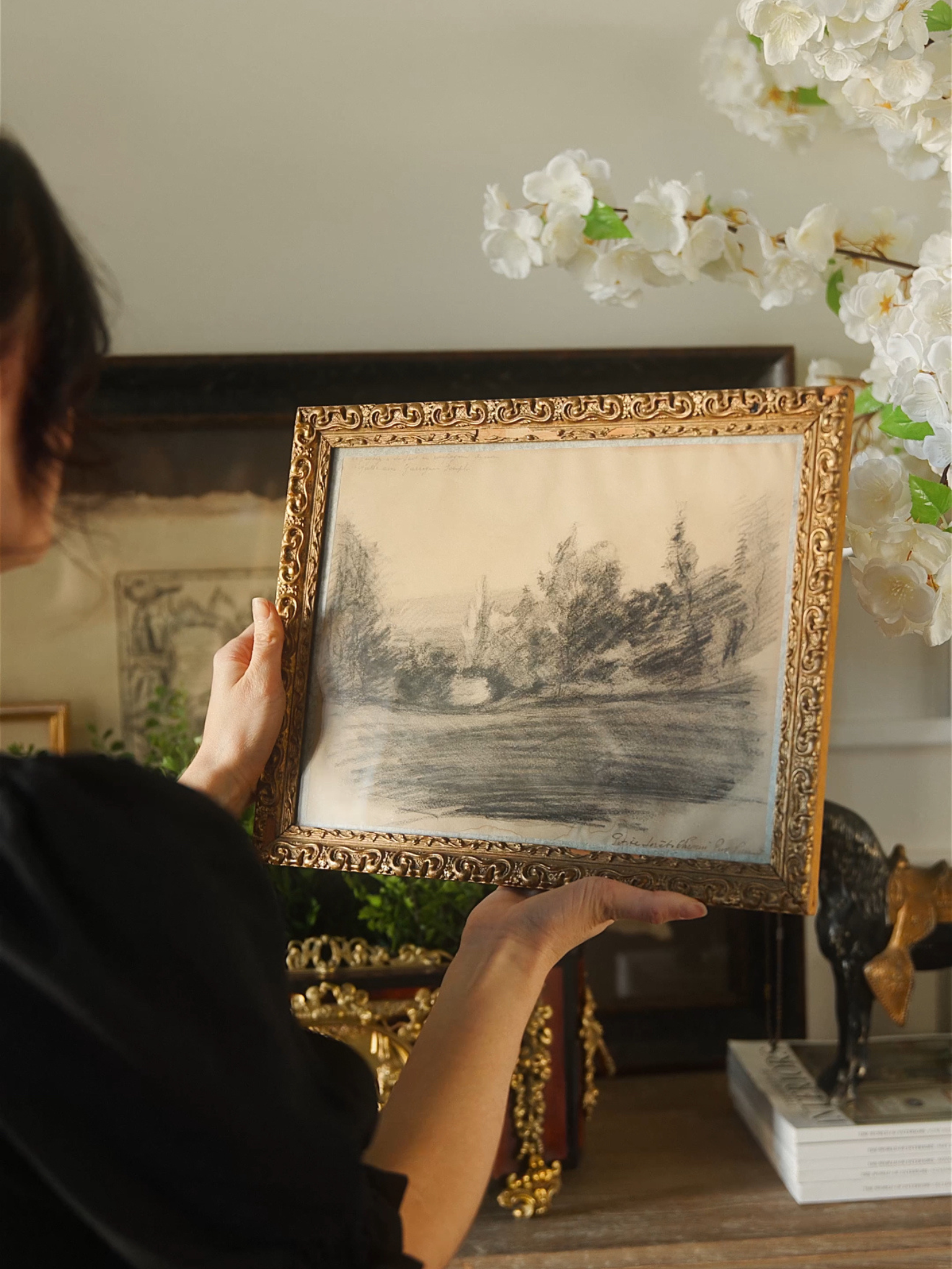 Antique French Charcoal Landscape Drawing in Gilt Frame