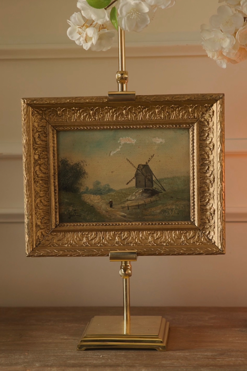 19th C. French Continental School Windmill Landscape with Figures | Oil on Panel