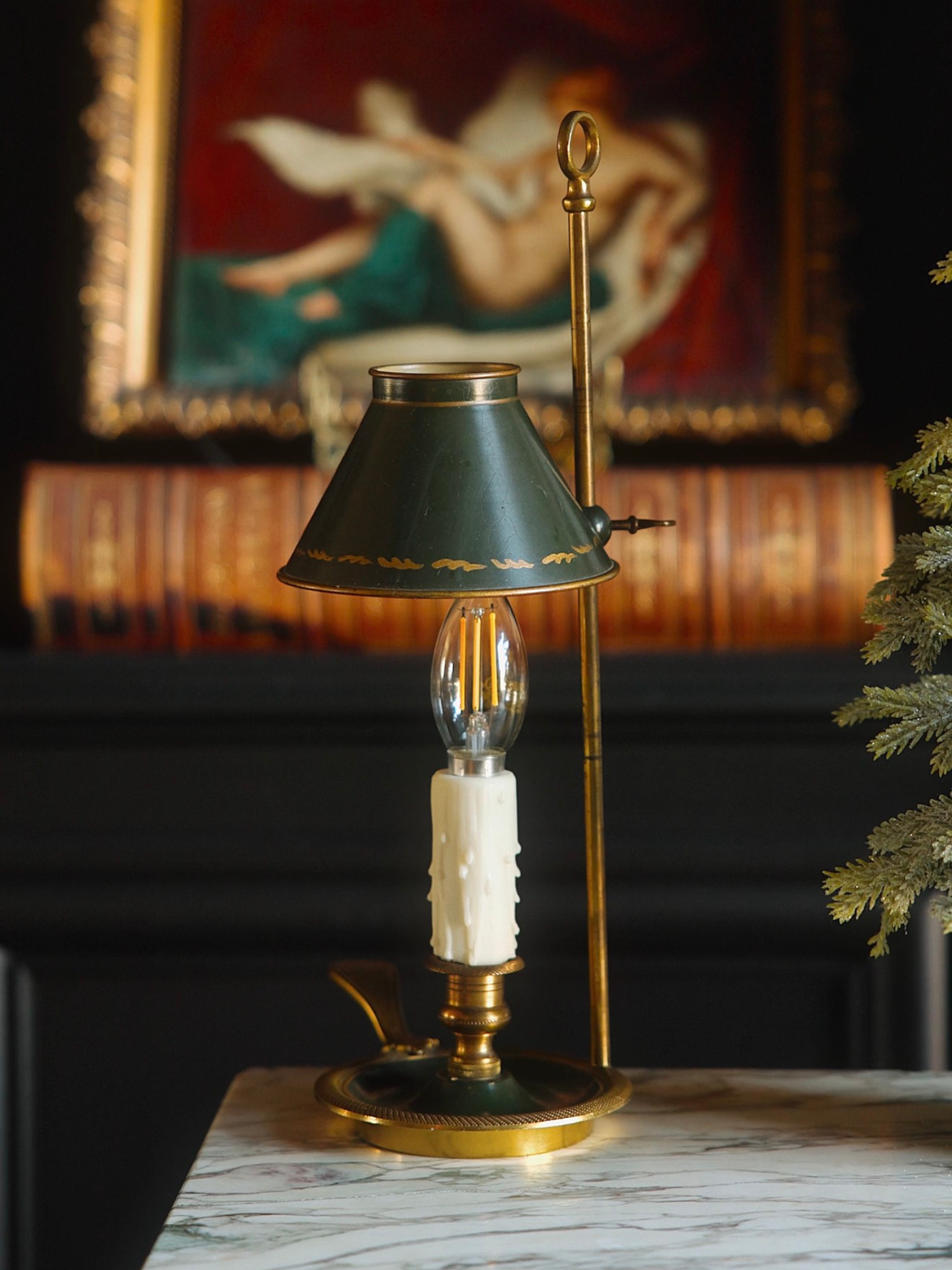 Early 20th-Century French Bouillotte Table Lamp With Green Tôle Shade and Single Candle Light