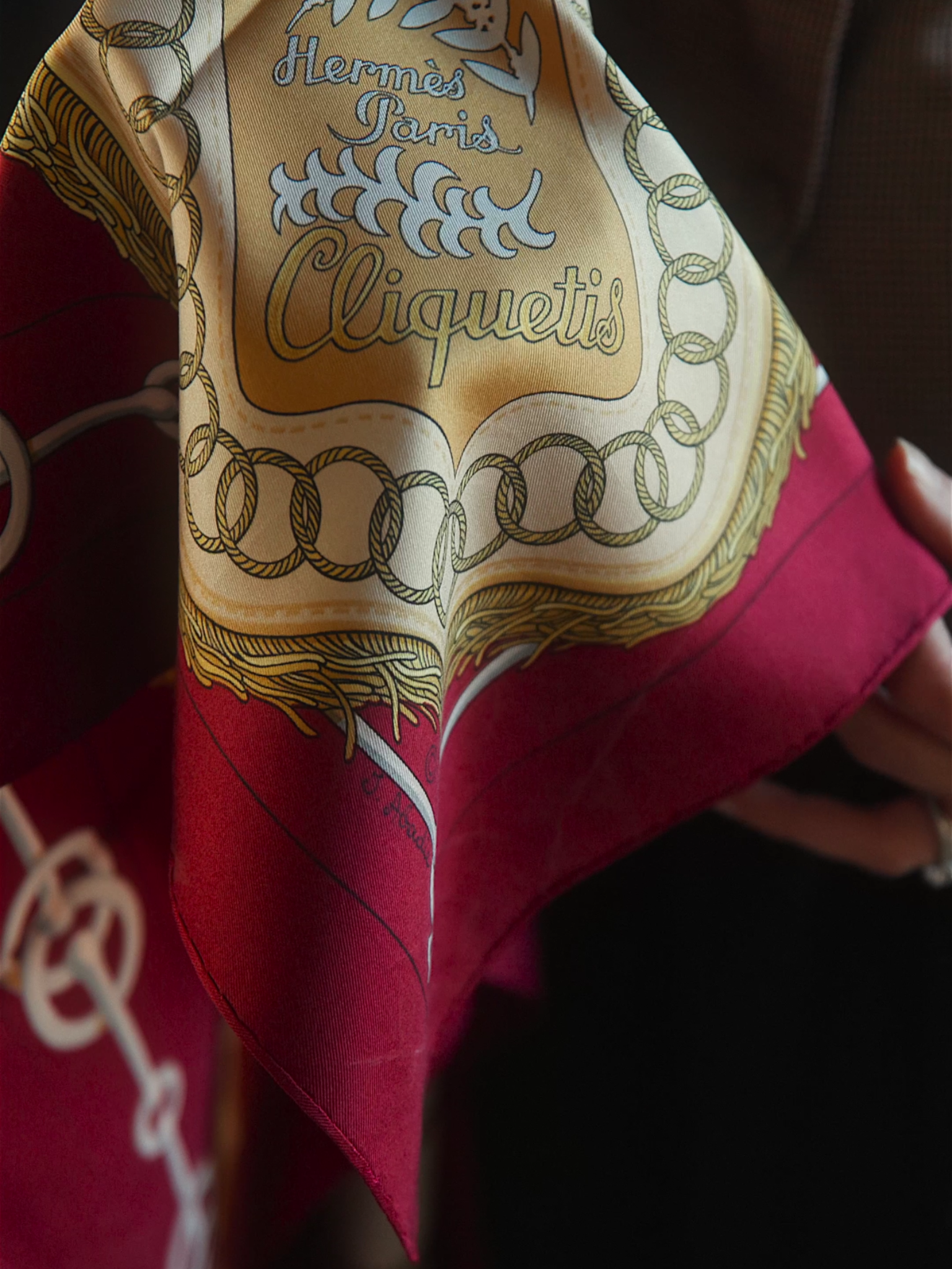 Hermès Silk Scarf — “Équitation” in Gold, Burgundy & Noir