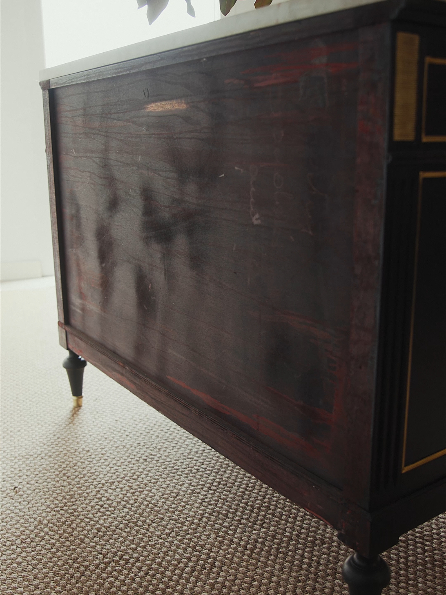 Louis XVI Style Black Lacquered Commode with Brass Trim & Carrara Marble Top