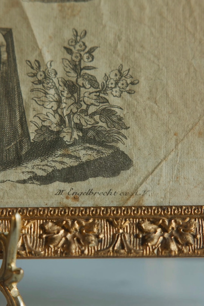 “Saint Augustin” — German Devotional Engraving Bearing Martin Engelbrecht’s Augsburg Publisher’s Imprint, with Flaming Heart, Bishop’s Crozier & Scholarly Books, in an Ornate Gold-Finished Frame