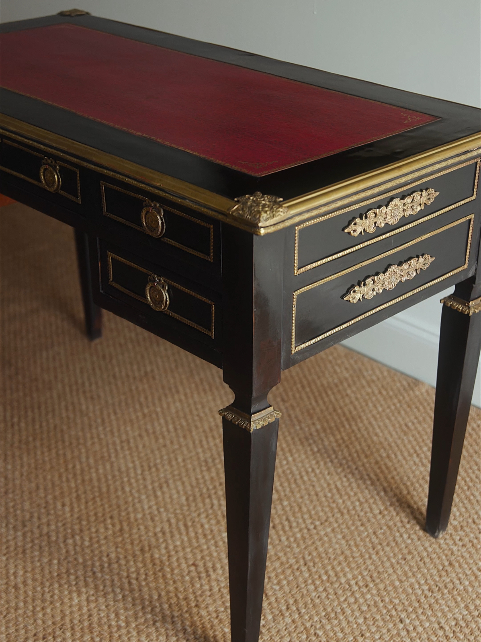 French Empire Revival Ebonized Bureau Plat with Gilt Bronze Mounts & Red Tooled Leather Top
