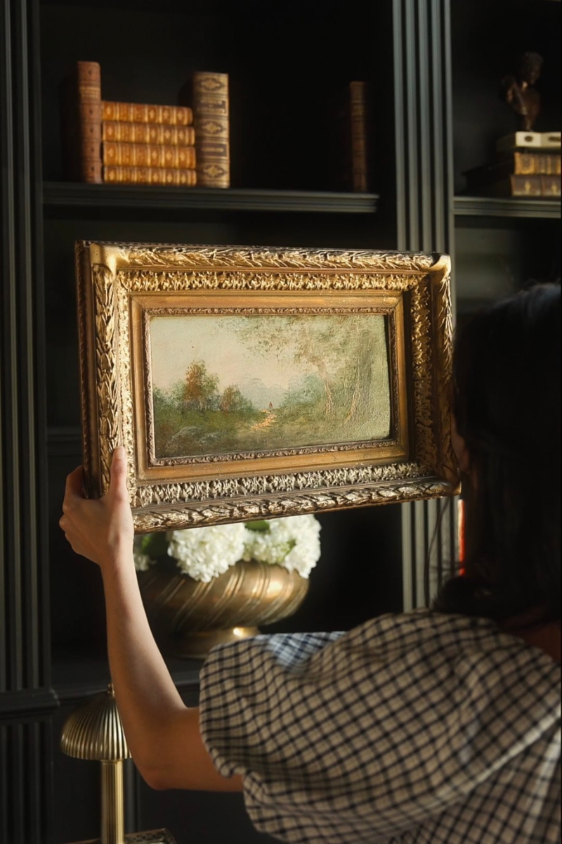 Late 19th C. Continental Landscape with Figure Oil on Board Depicting Wooded Path W/ Distant Figure | Housed In Period Gilt Frame