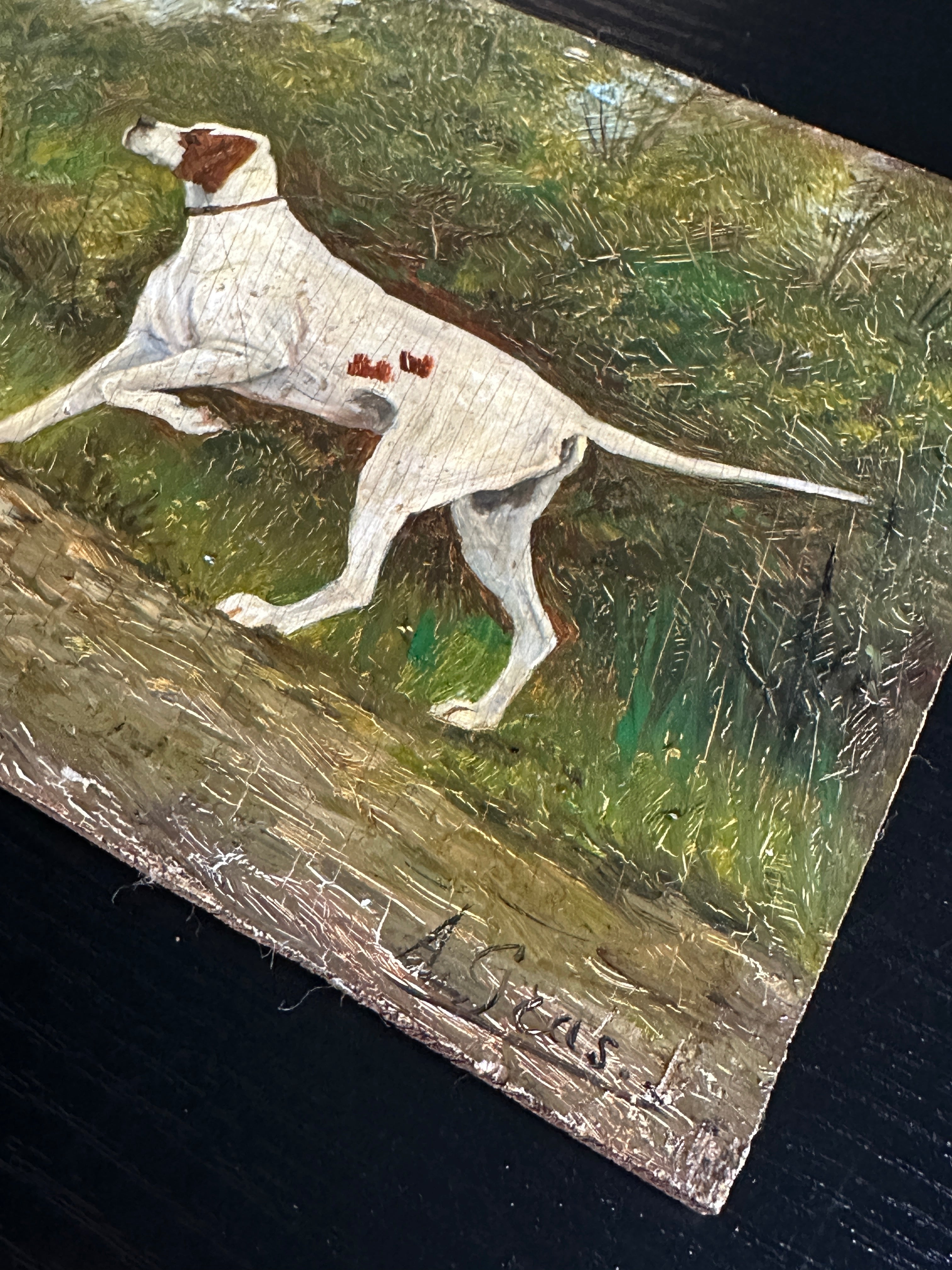 Antique Sporting Dog Oil Painting on Wood Panel