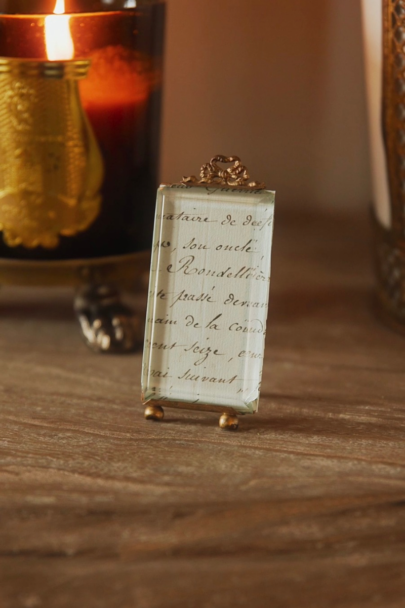French Louis XVI Style Brass Easel Frame with Handwritten Manuscript Insert