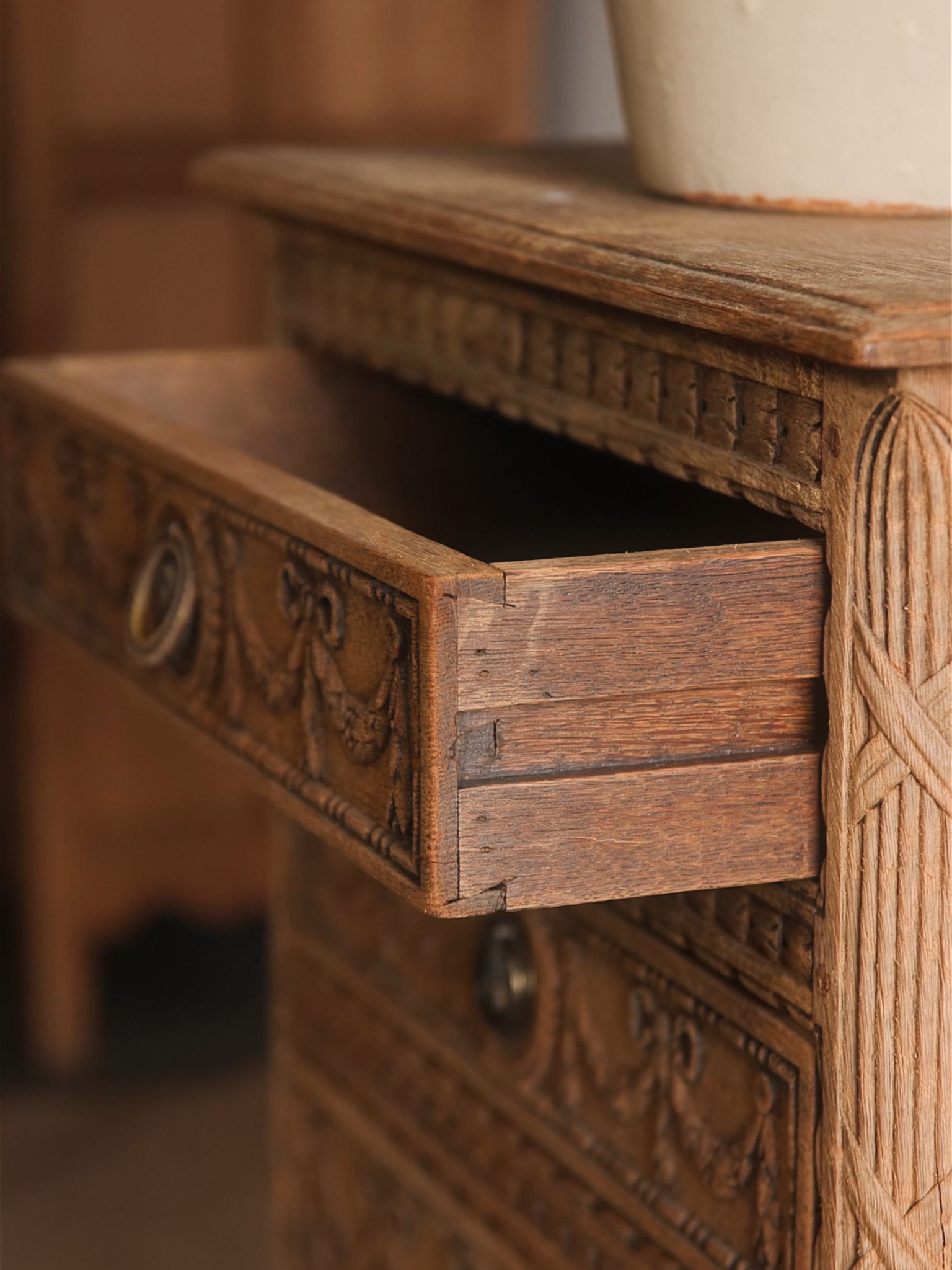 French Neoclassical Carved Oak Petite Commode