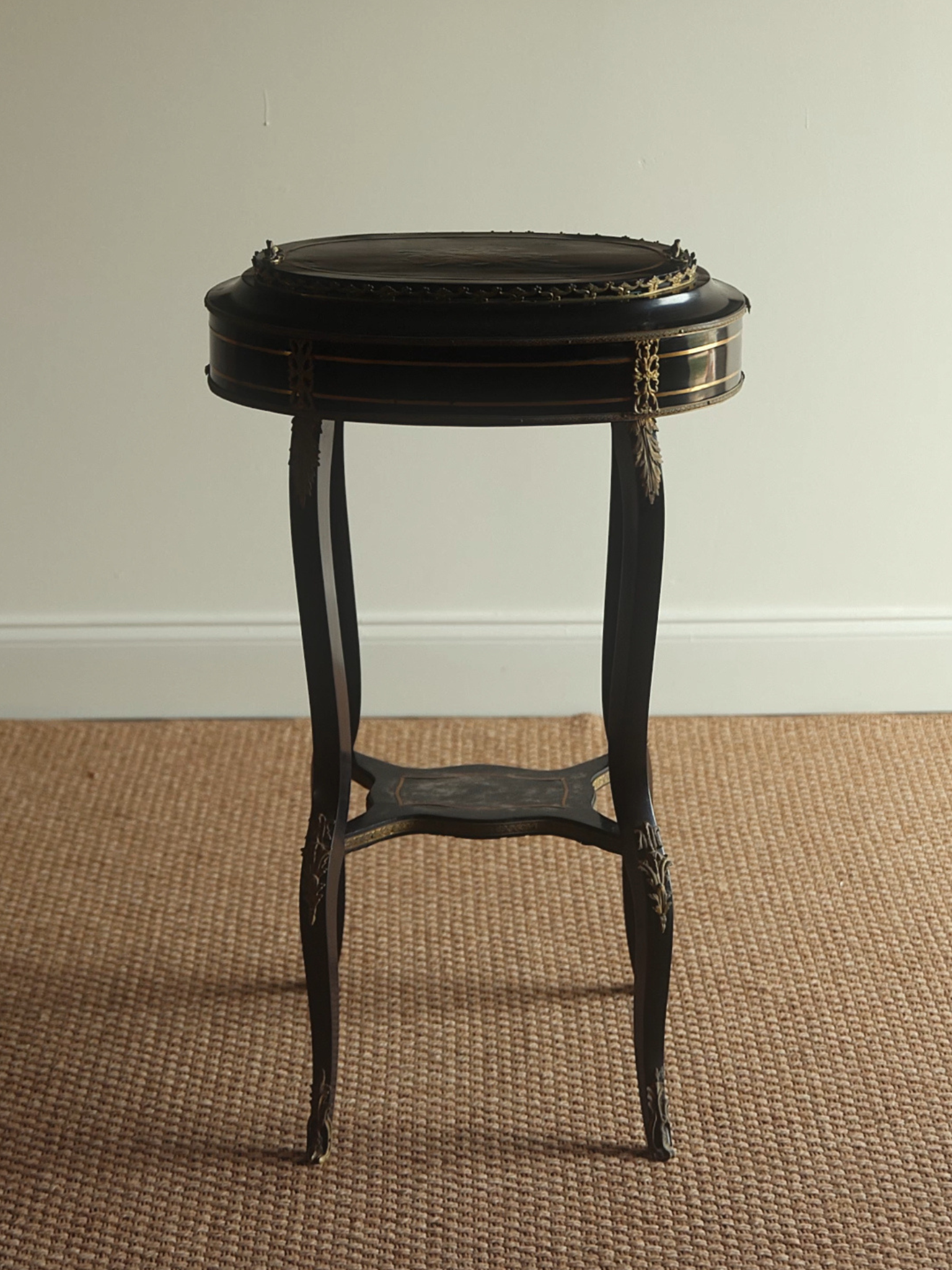 French Napoleon III Ebonized & Gilt Bronze Marquetry Jardinière Table with Original Green Liner