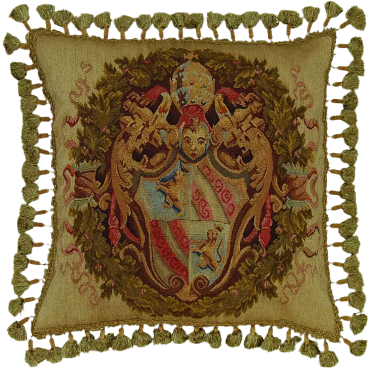 Royal Crest: Aubusson Tapestry Pillow with Tassel Fringe