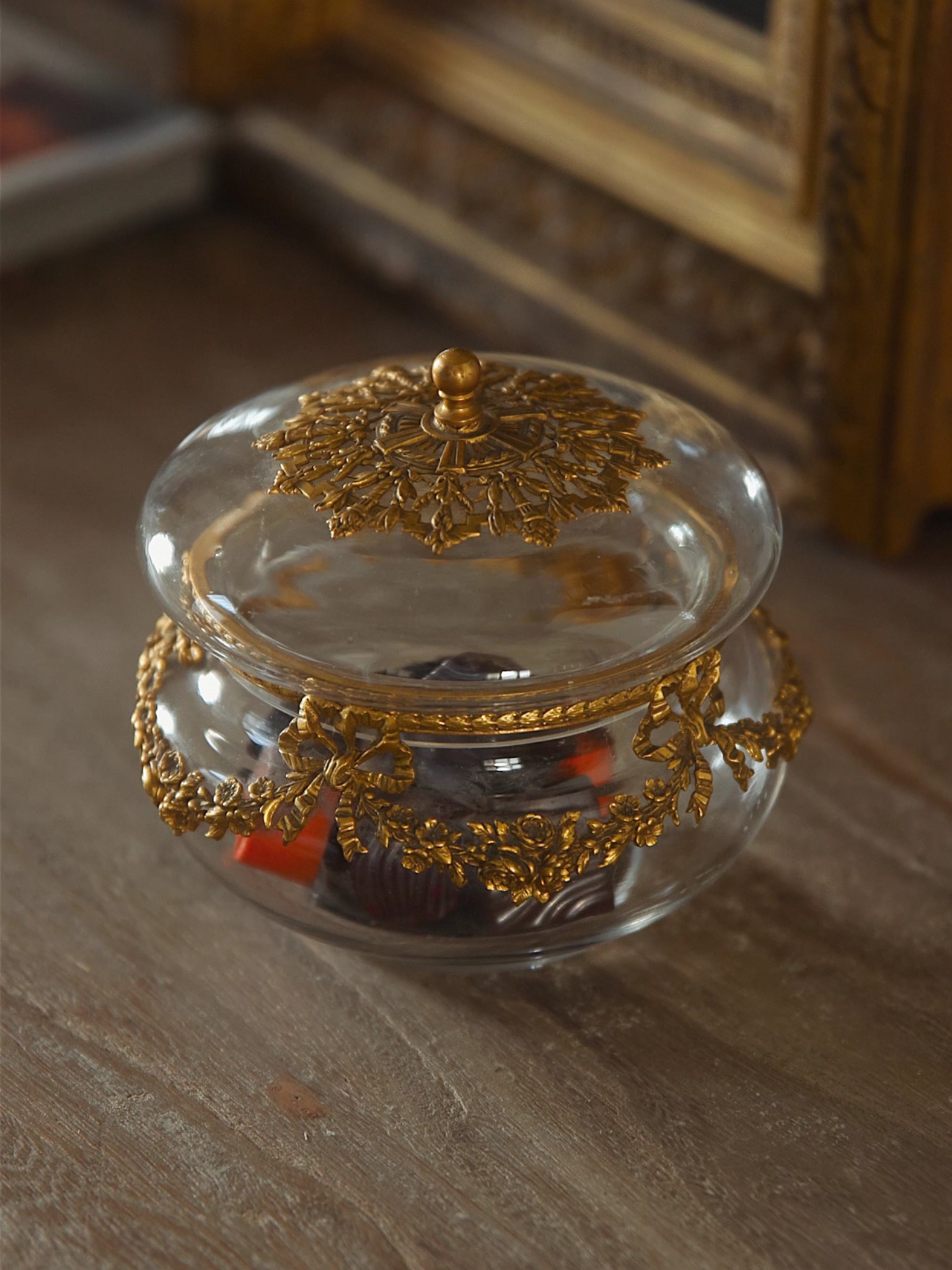 French Gilt Bronze & Glass Bonbonnière – Bow & Garland Motif