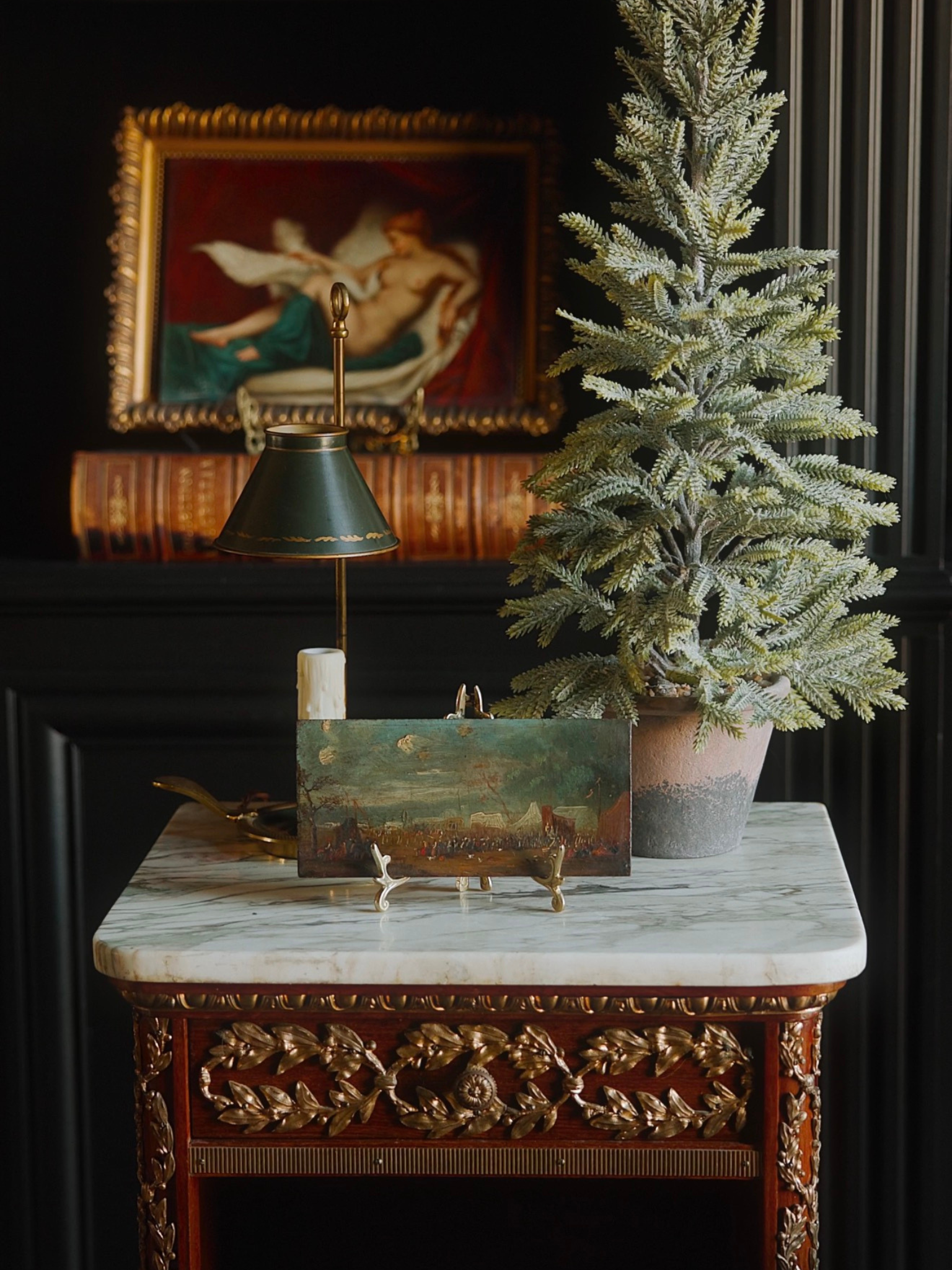 Antique French Hand-Painted Battle Scene Miniature on Wood