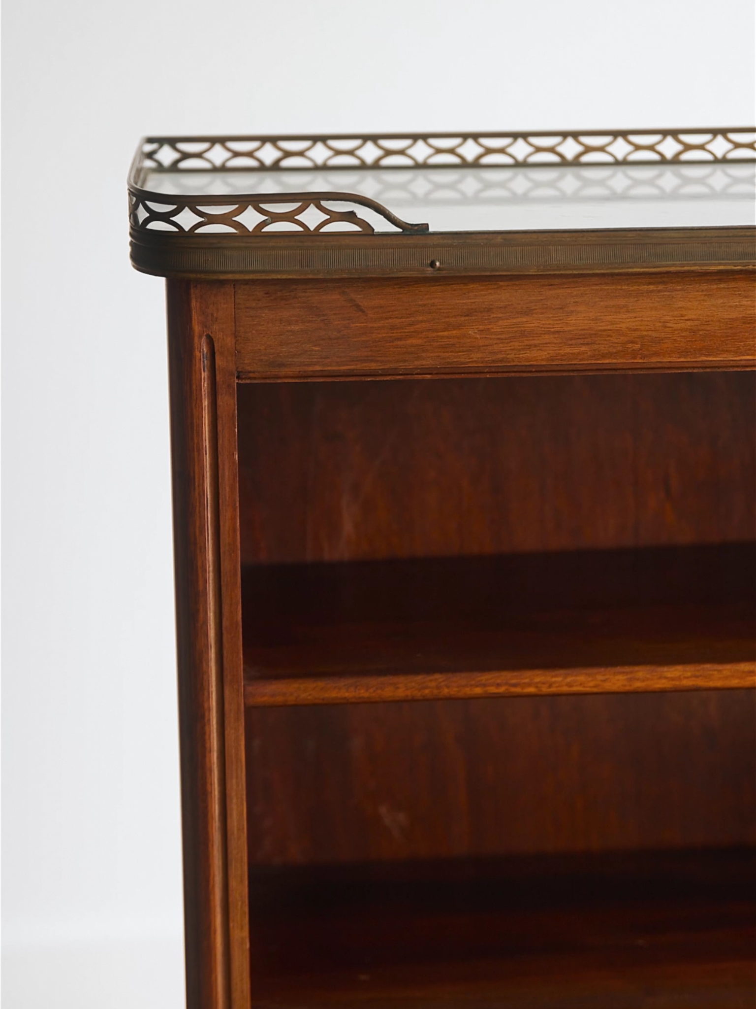 Pair of French Louis XVI–Style Mahogany Pier Cabinets With Marble Tops & Brass Galleried Rims