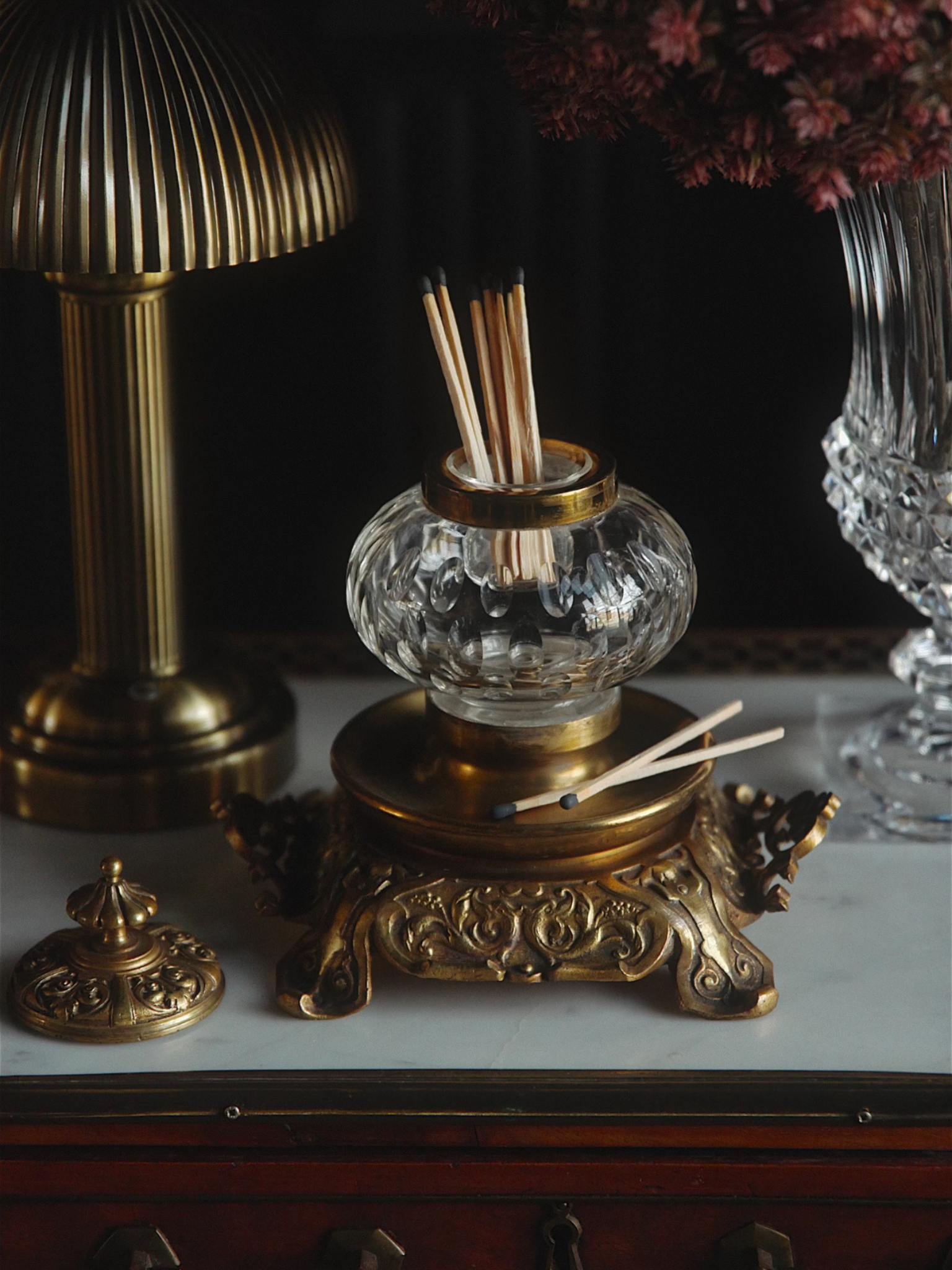 Antique Crystal & Brass Inkwell on Ornate Stand