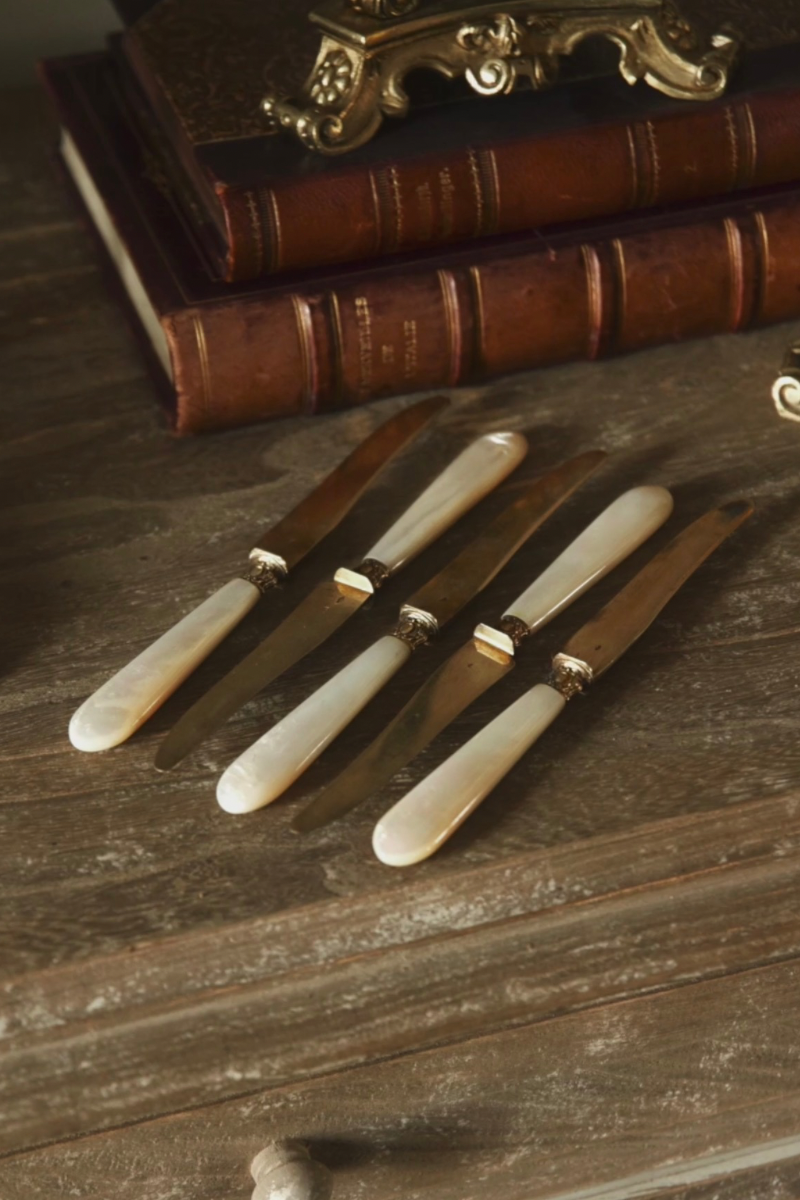 Set of 5 French Mother of Pearl Handled Knives with Silver Ferrules