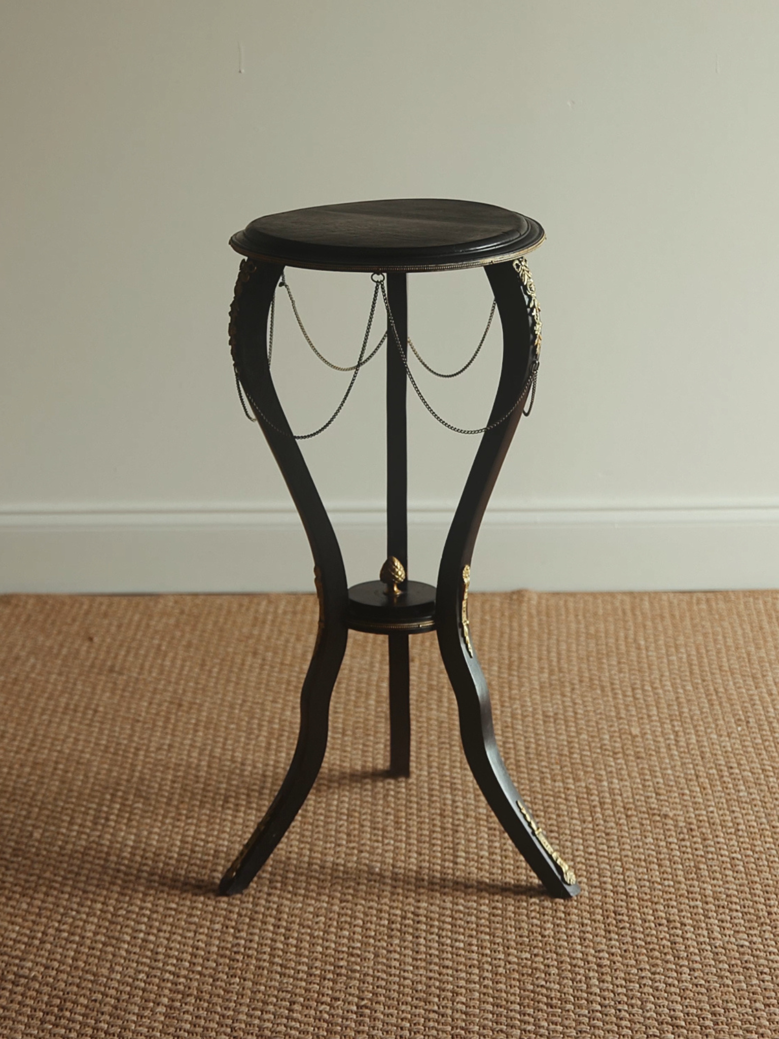 French Empire Revival Ebonized & Ormolu Accent Table with Chain Detail