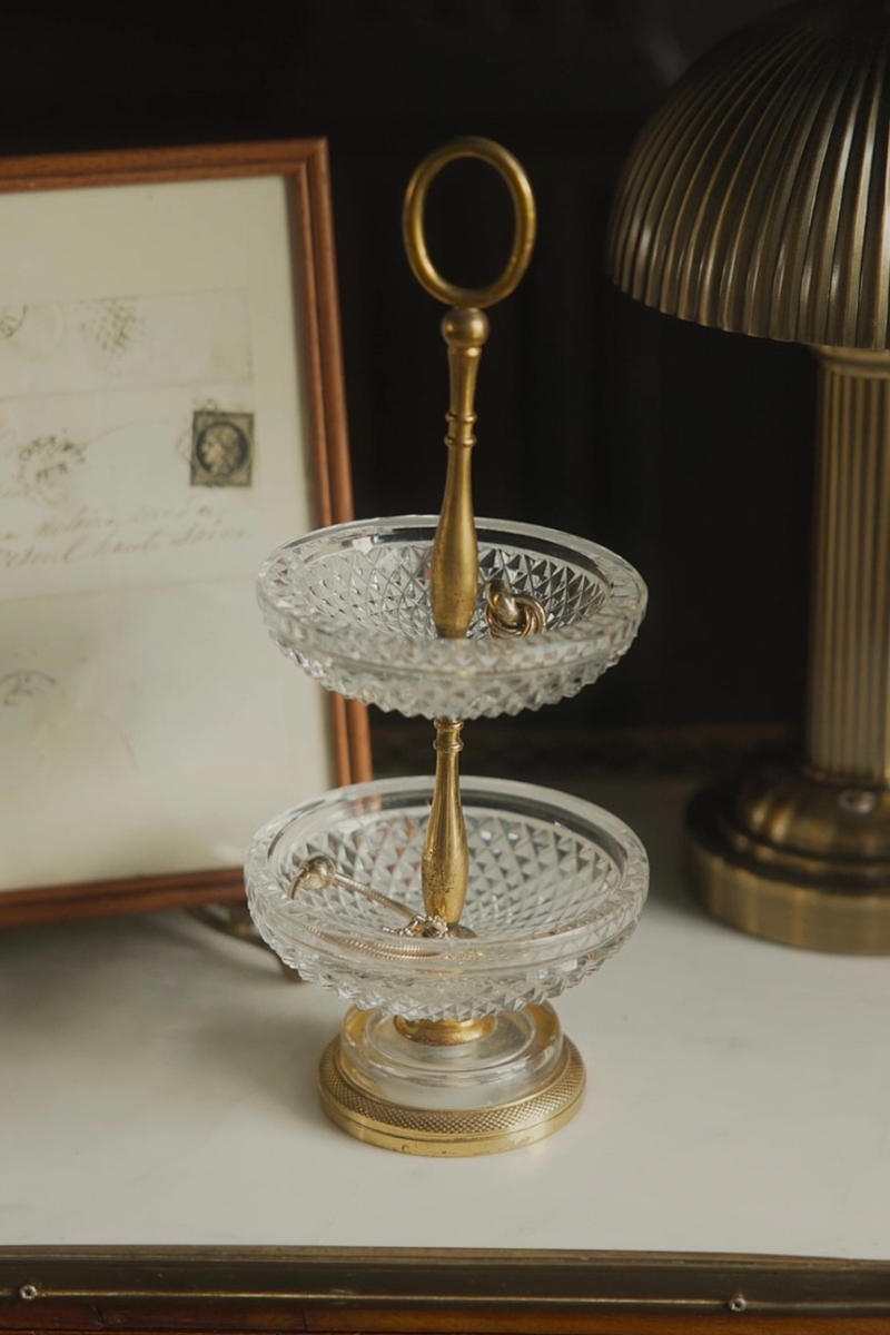 20th Century Cut Crystal Two Tier Serving Stand with Brass Handle