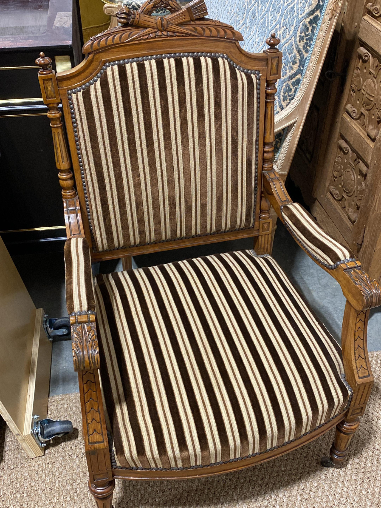French Carved Armchair with Striped Velvet Upholstery