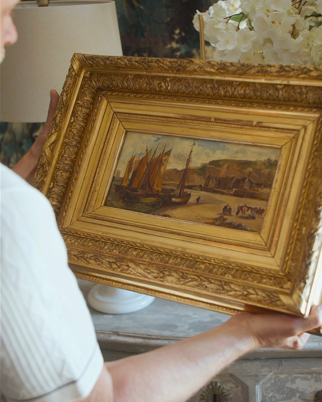 19th Century Coastal Nautical Oil Painting in Original Gilt Frame