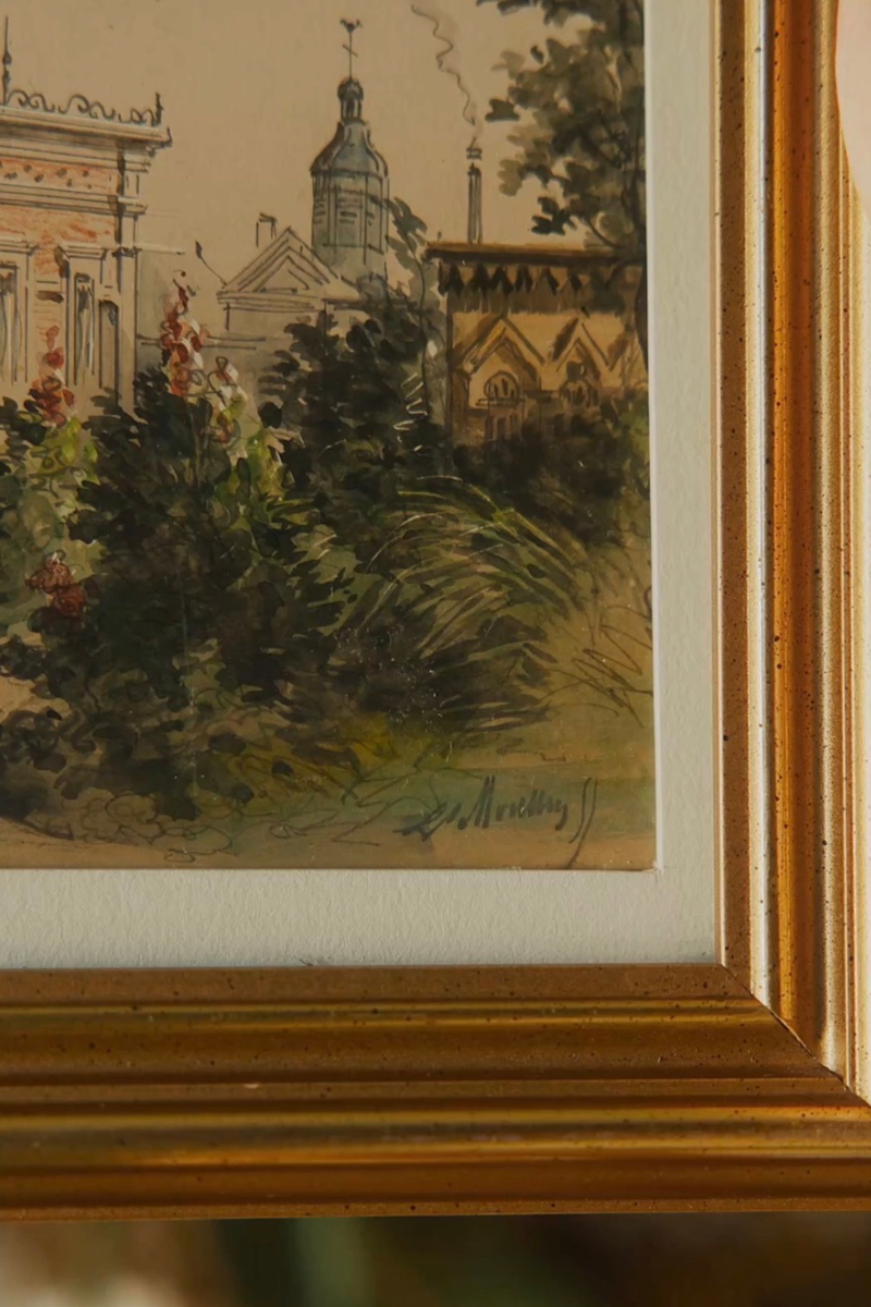 “Vichy & Cusset, 1855” — Set of Three French Spa-Town Views Bearing the Signature of Louis Moullin, with Thermal Architecture, Garden Promenades & Period Figures, in Matching Gold-Finished Frames