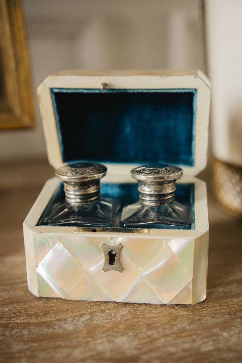 19th Century Mother of Pearl & Sterling Silver Traveling Scent Bottle Casket - 1880