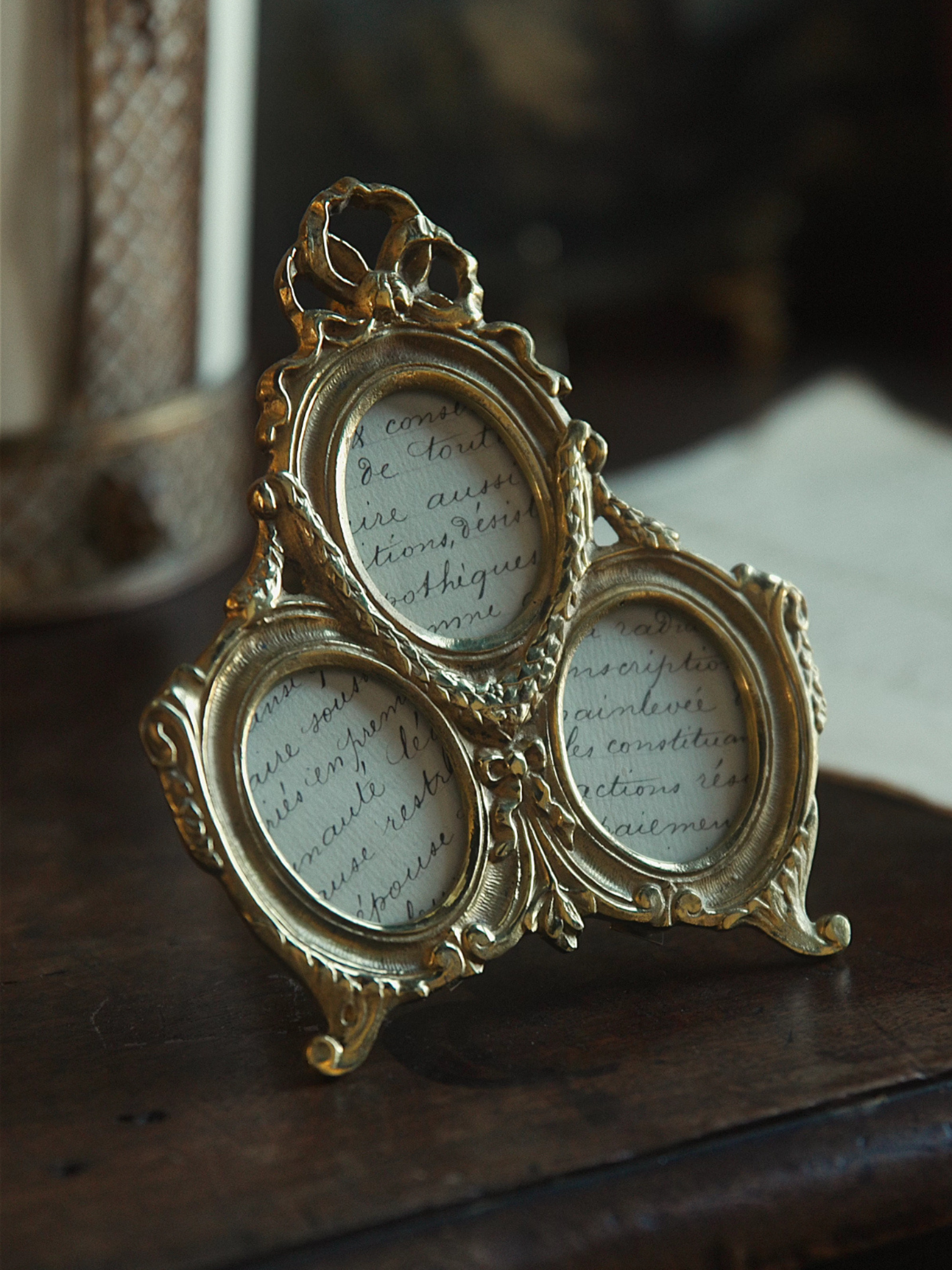 19th-Century French Brass Triple Frame with Ribbon Crest