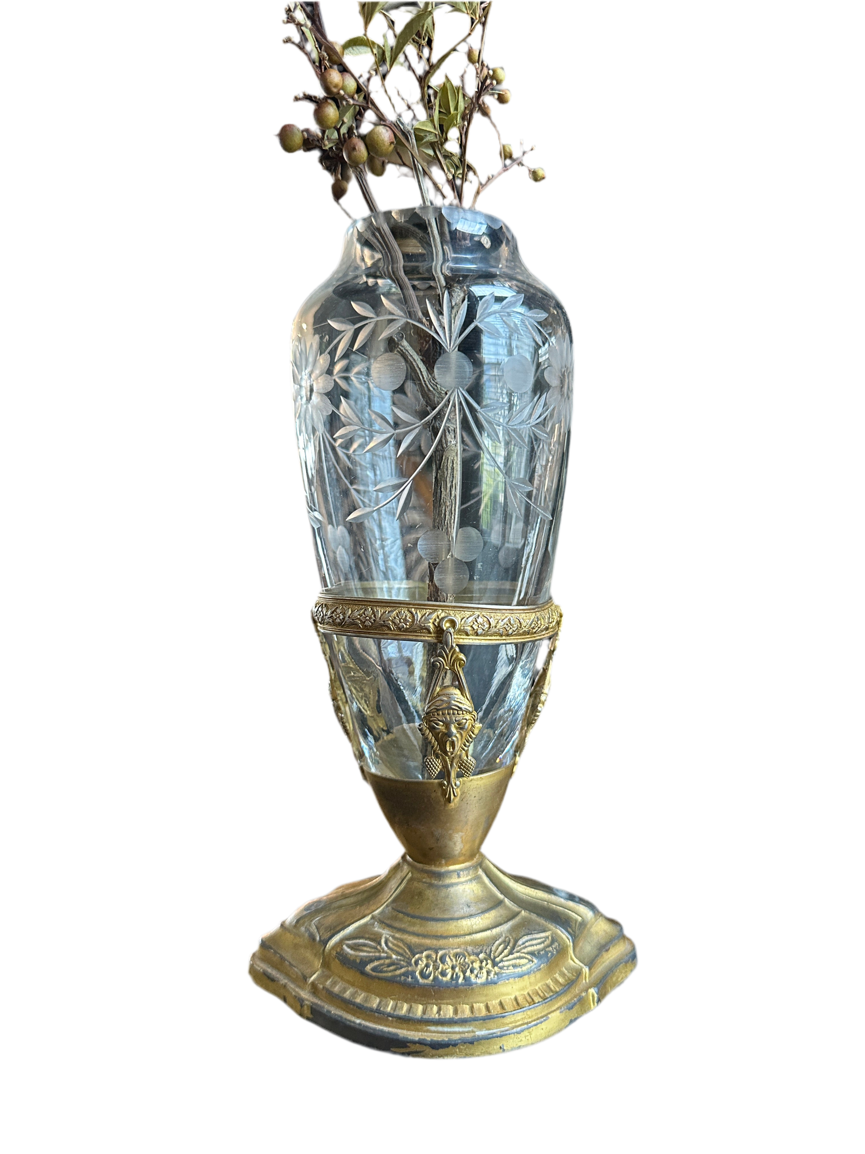 Antique Cut Crystal Vase with Bronze Mount