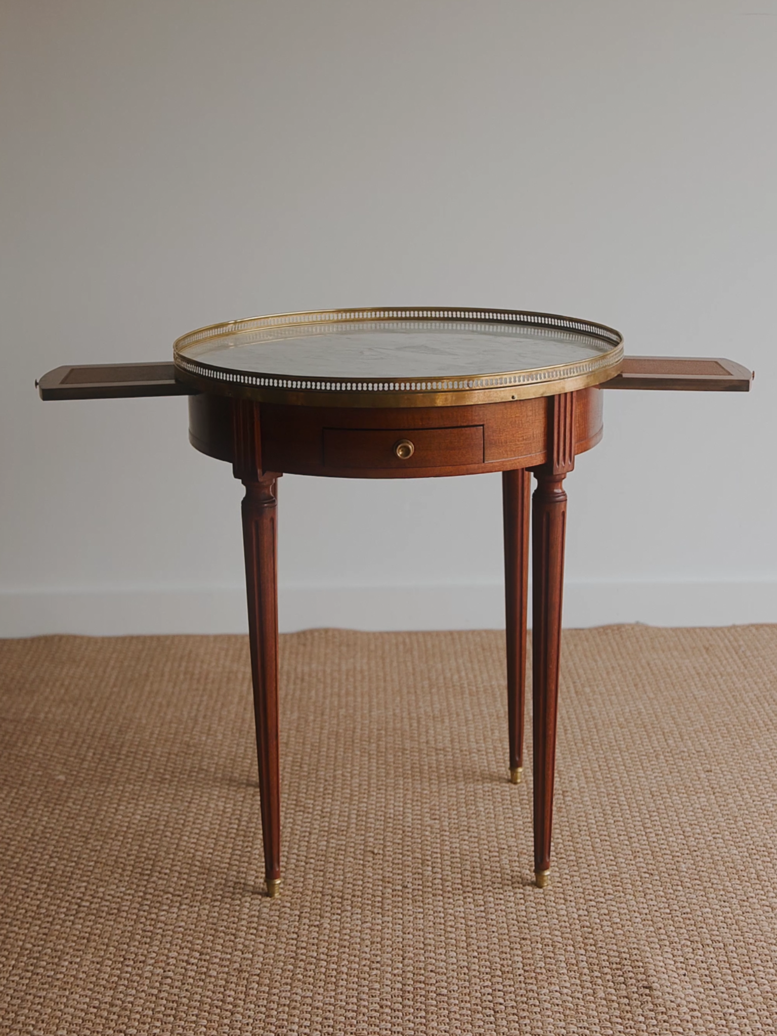 French Louis XVI–Style Bouillotte Table With Marble Top, Brass Gallery & Leather Slide-Outs