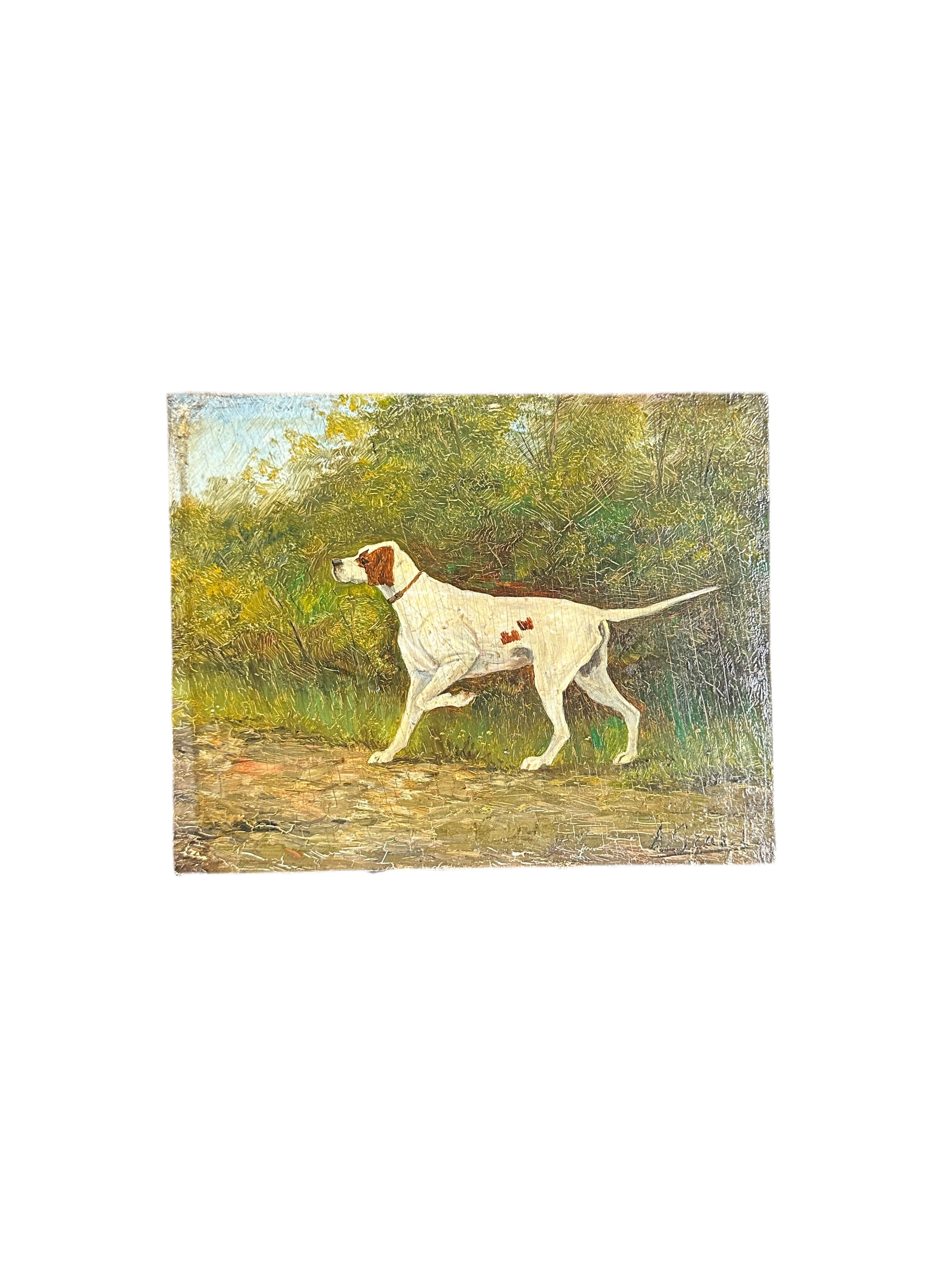 Antique Sporting Dog Oil Painting on Wood Panel