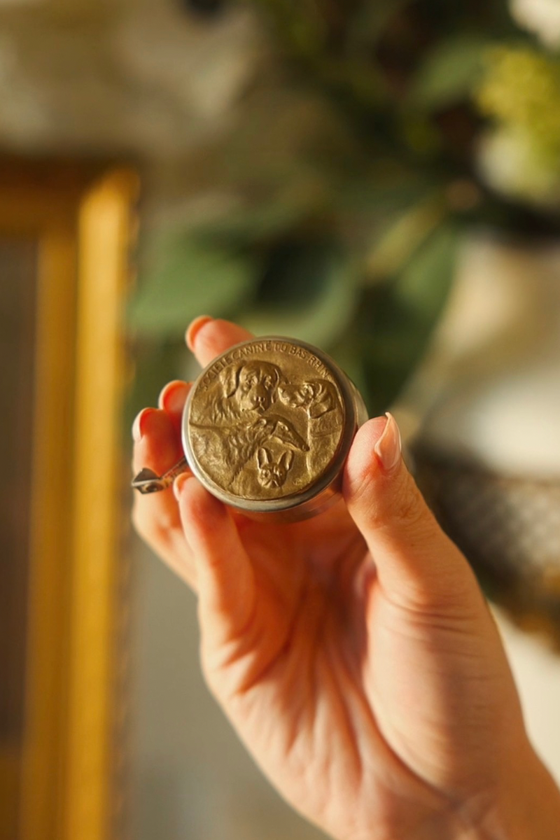 19th C. Italian Bronze Retractable Tape Measure with Dog Portrait