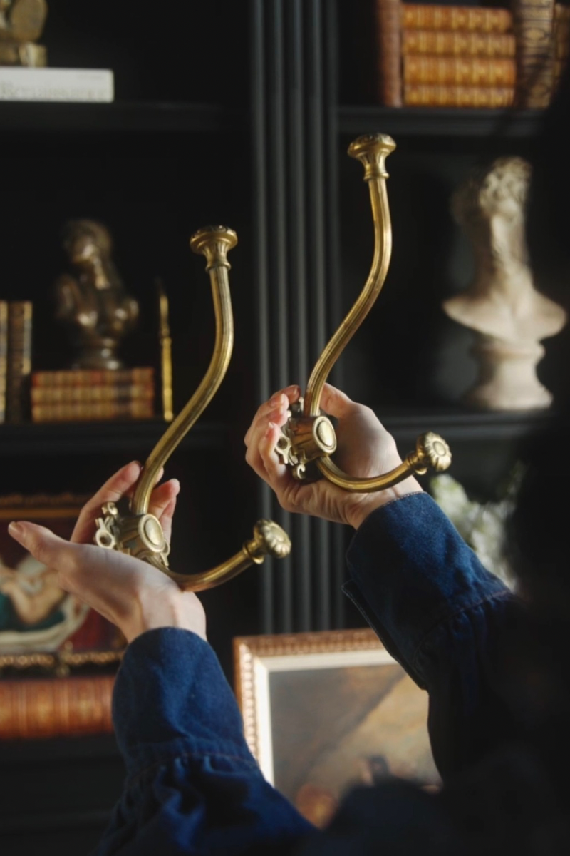 Pair of 19th Century French Brass Double Hooks with Rosette Mounts