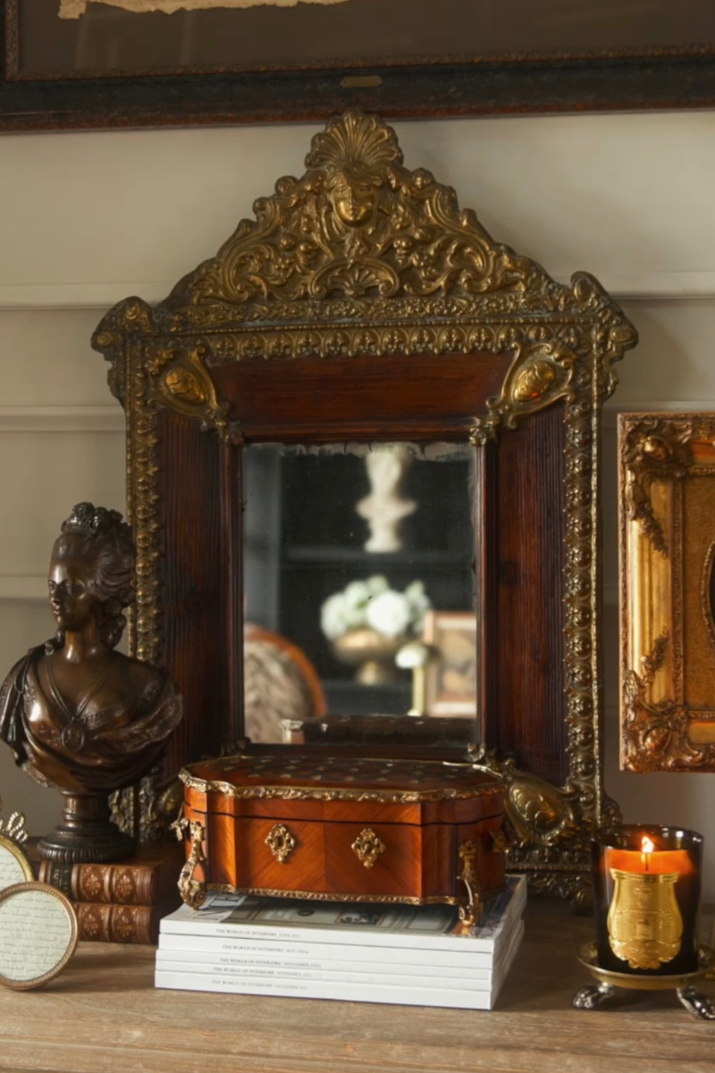 Napoleon III Period French Parcel-Gilt Mirror with Bronze Mounts and Crest Pediment
