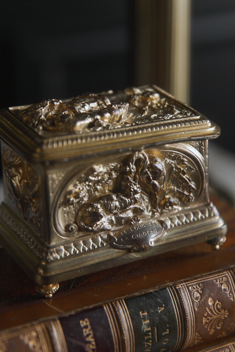 19th-Century French Gilt Bronze La Fontaine Fables Casket with Tufted Silk Interior - Signed Théodore Hingre