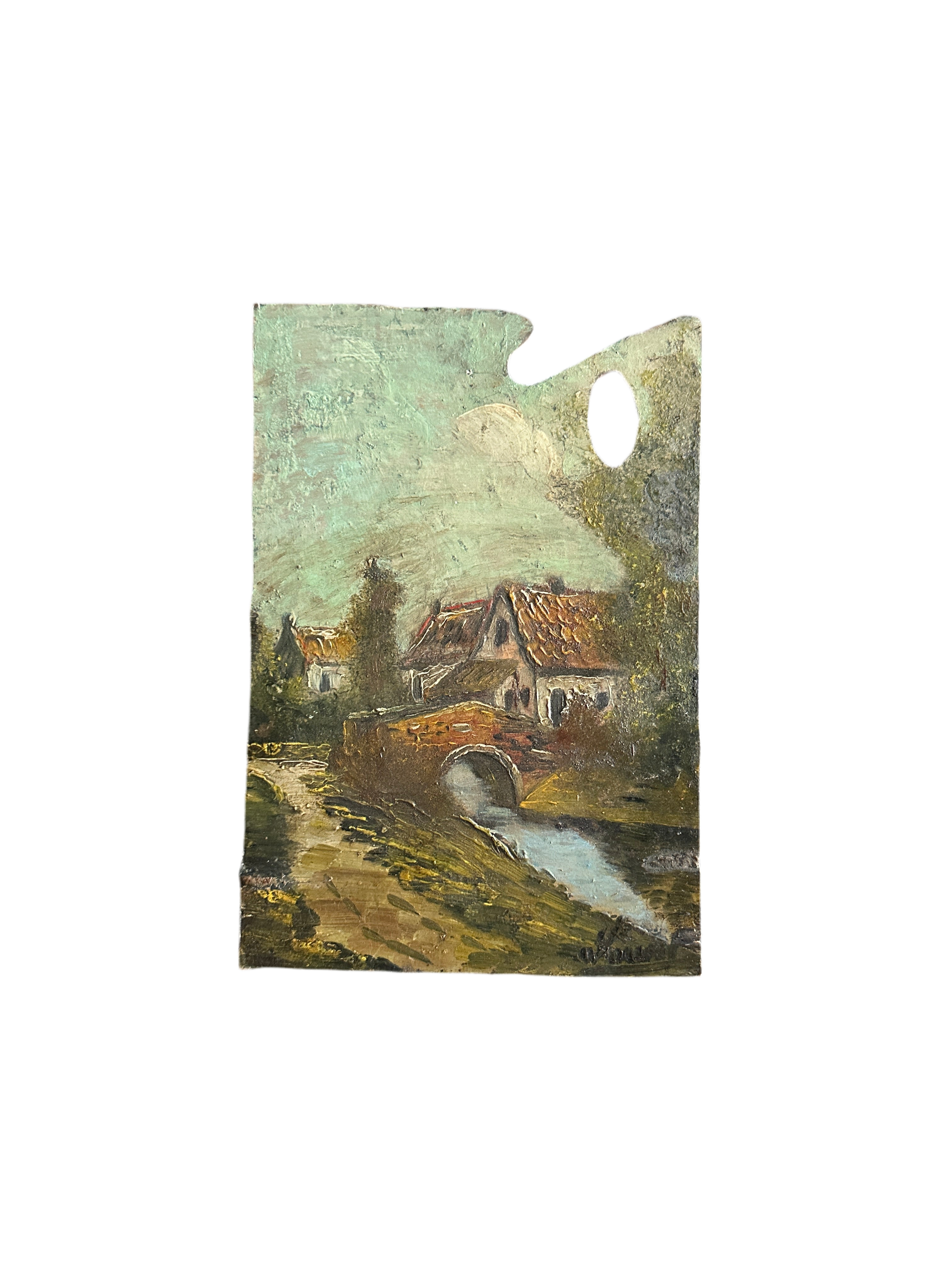 Oil Painting on Artists Palette - Rustic Village Scene