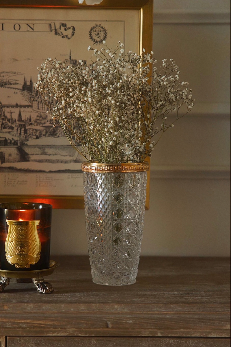 Antique French Diamond-Cut Crystal Vase with Gilt Bronze Rim