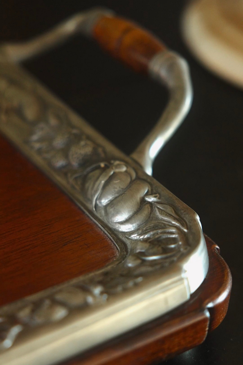 Wood and Silver-Plated Serving Tray with Harvest Border