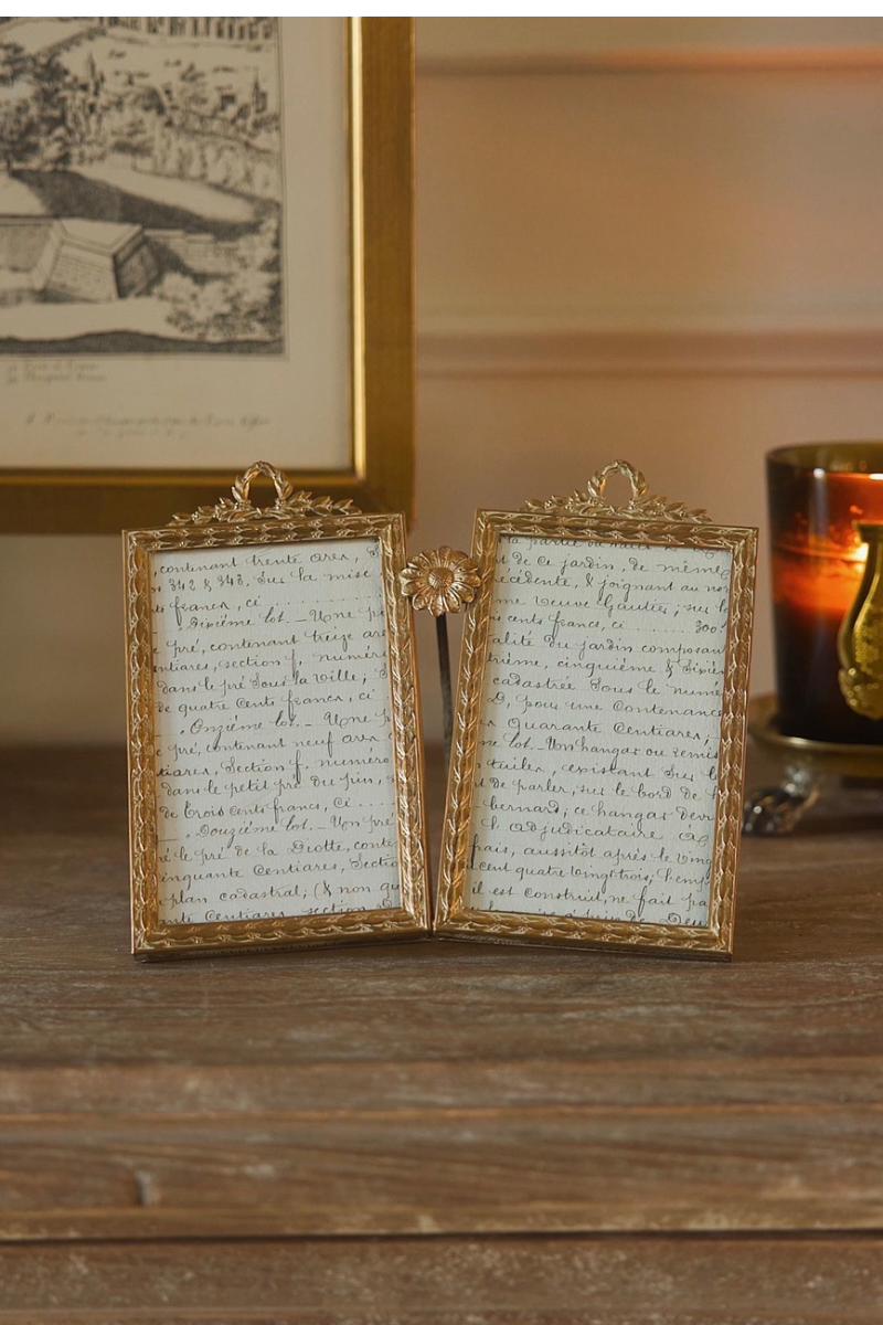 Antique French Louis XVI–Style Gilt Bronze Double Photo Frame with Laurel & Floral Crest, Circa 1900 - B